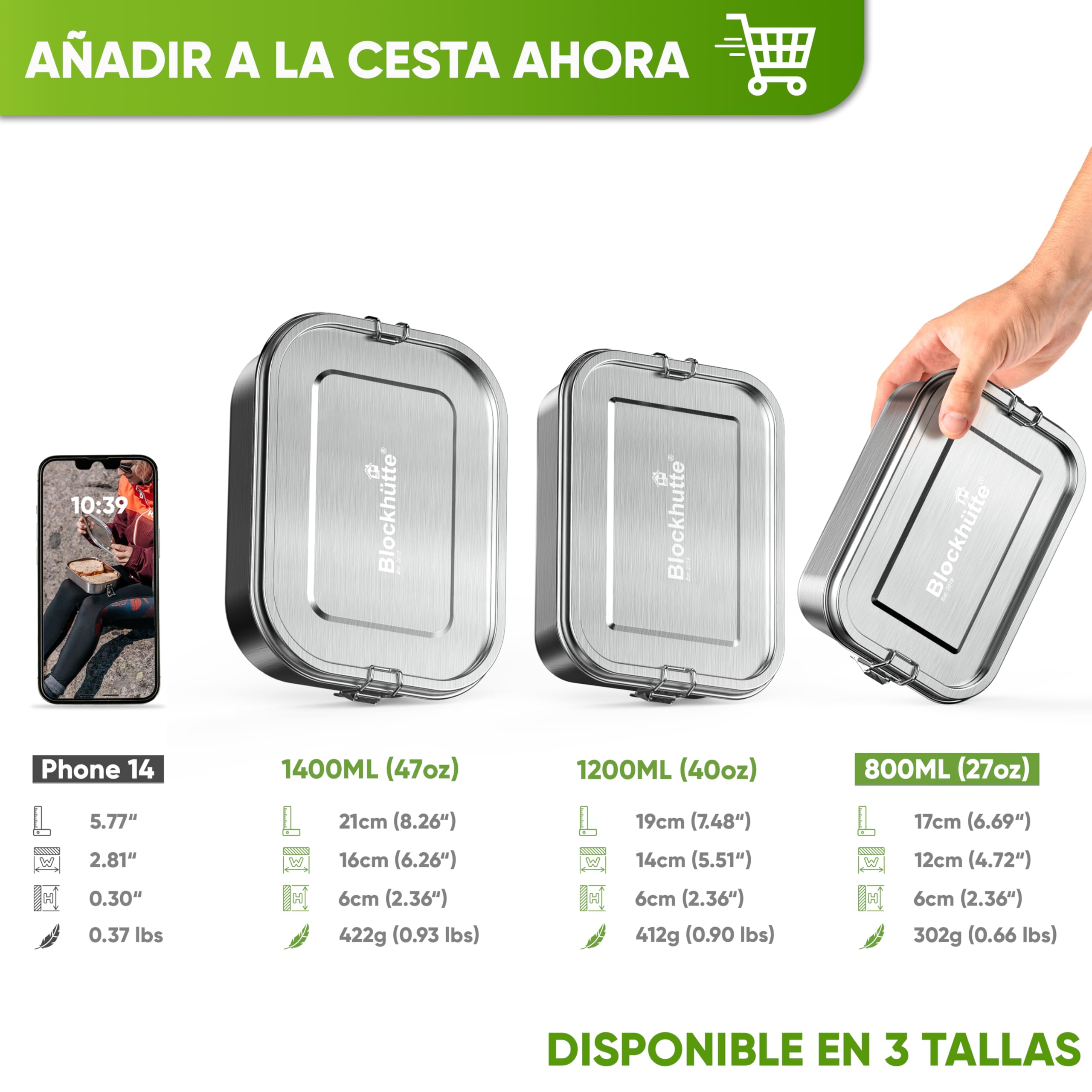 Blockhuette Fiambrera Acero inoxidable infantil Con 3 Compartimentos 800ml - Lunch Box Hermetica - Metálico Infantil y Adulto - Lunch box niños y Trabajo - Sin BPA - Oficina