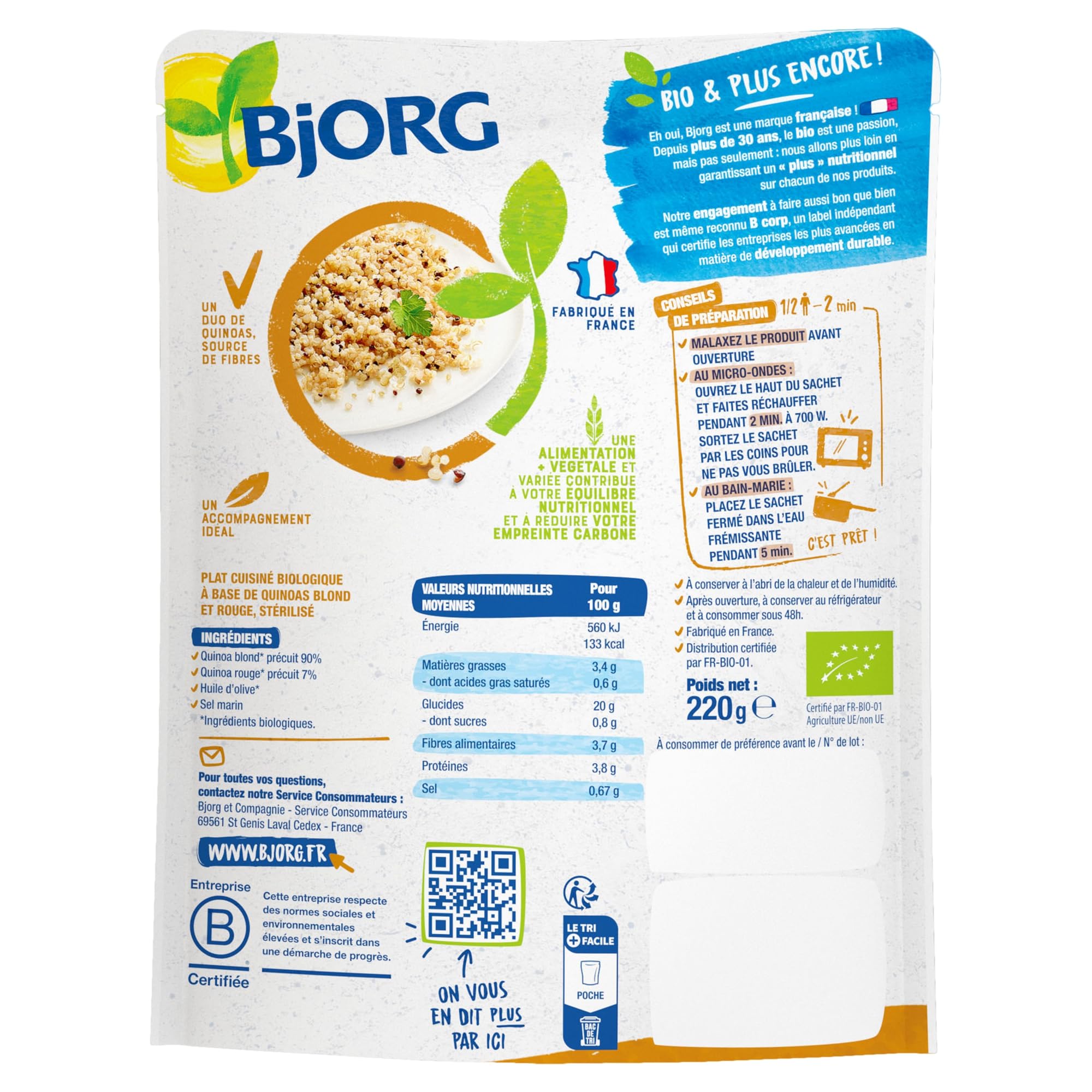 BJORG - Plat Cuisiné Veggie - Duo Quinoa Blond et Rouge - Bio - 2 x 220 g | Plat préparé Végétarien - 100% Végétal - Prêt en 2 min - Source de Protéines - Doypack Micro-ondable