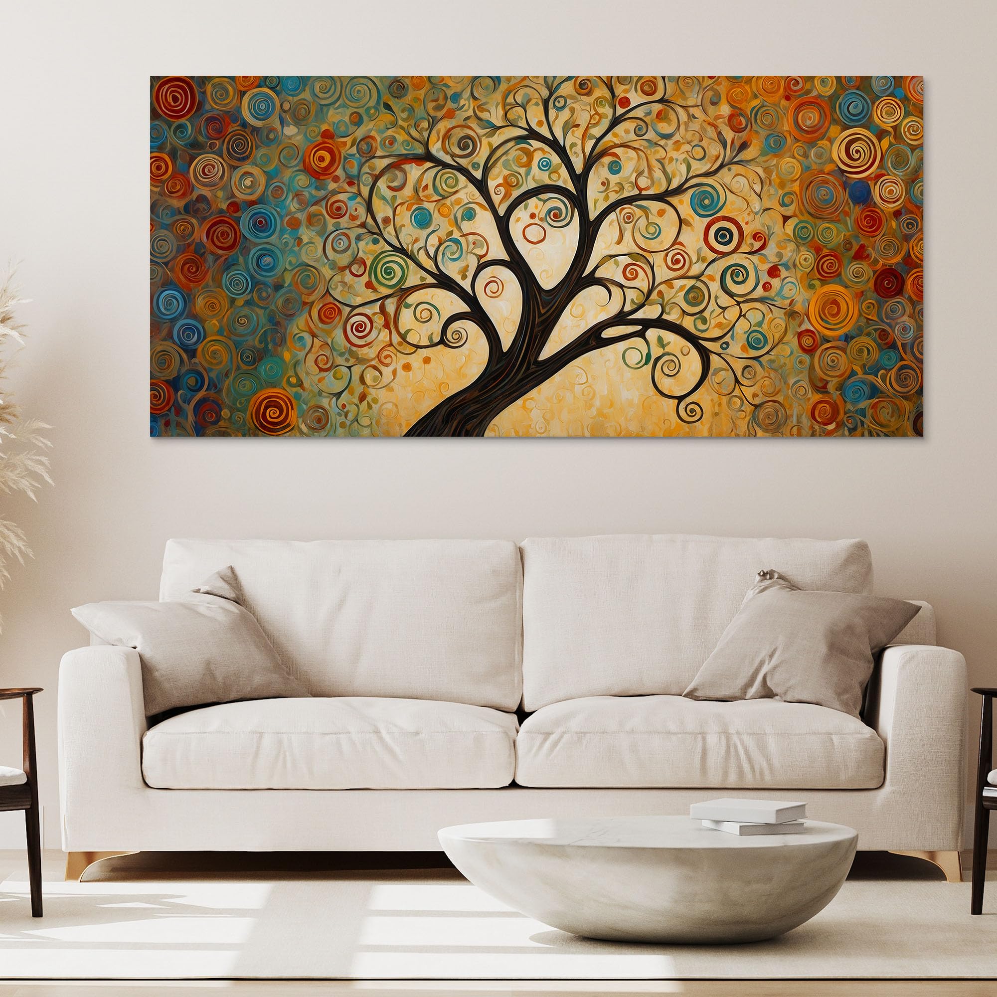 CheQuadro! Quadro moderno soggiorno, orizzontale lungo, Albero della Vita con Spirali Colorate e Sfondo Dorato, su tela, intelaiato pronto da appendere bow3-90x40 cm