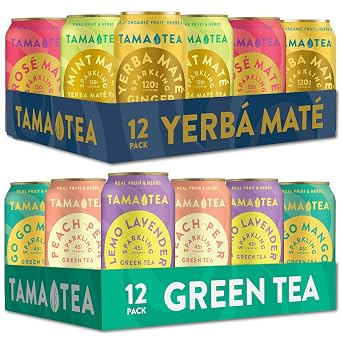 Tama Tea Sparkling Yerba Mate & Green Tea Variety Pack Organic, Naturally Energizing, Low Calorie, Zero Sweeteners, Non-GMO, 45120mg Natural Caffeine, 12 oz Cans 24-Pack