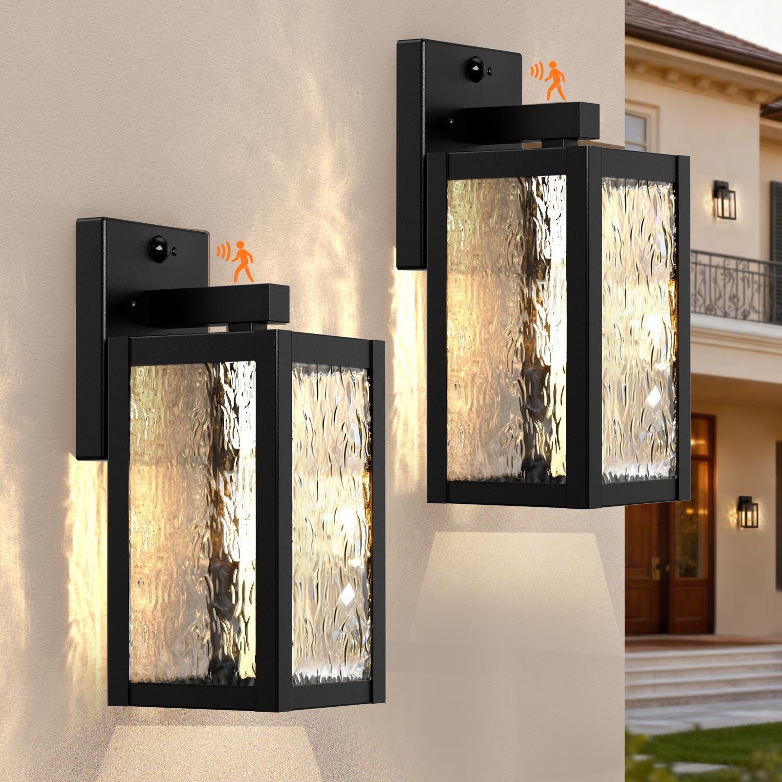 2er Set Aussenlampe mit Bewegungsmelder E27 Glas Schwarz IP44 | Aussenleuchten 3 Beleuchtungsmodi Wasserstruktur-Glas Industrial 230V Hof Eingang Haustür Garage Garten ohne Leuchtmittel
