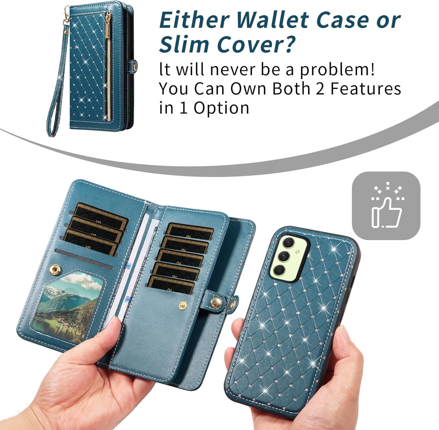 Asuwish Phone Case for Samsung Galaxy A54 5G Zipper Wallet Detachable Magnetic Cell Cover Screen Protector Crossbody Strap Bling Flip Credit Card Holder A545G A 54 54A 4G G5 SM A546U Women Dark Green