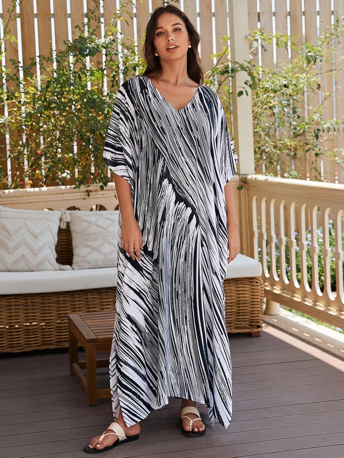 Women's Plus Size Loose Fit Moroccan Print V-Neck Batwing Kaftan Beach Dress Bathing Suit Cover Up - Image 2