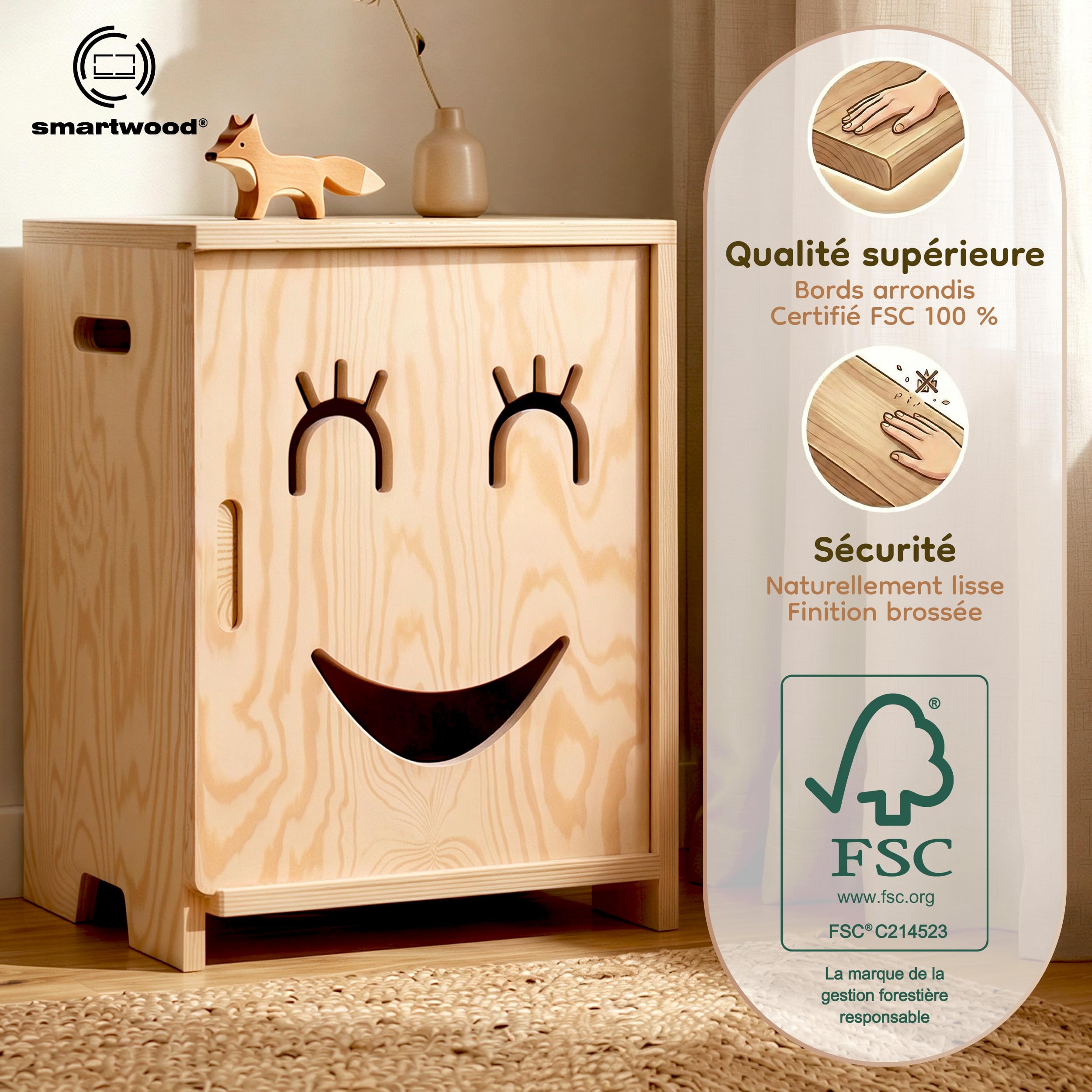 smartwood Table de Chevet Enfant - Table de Nuit Montessori en Contreplaqué de Pin Certifié FSC - Design adapté aux Enfants, Construction Stable & Montage Facile - KAPI 3P
