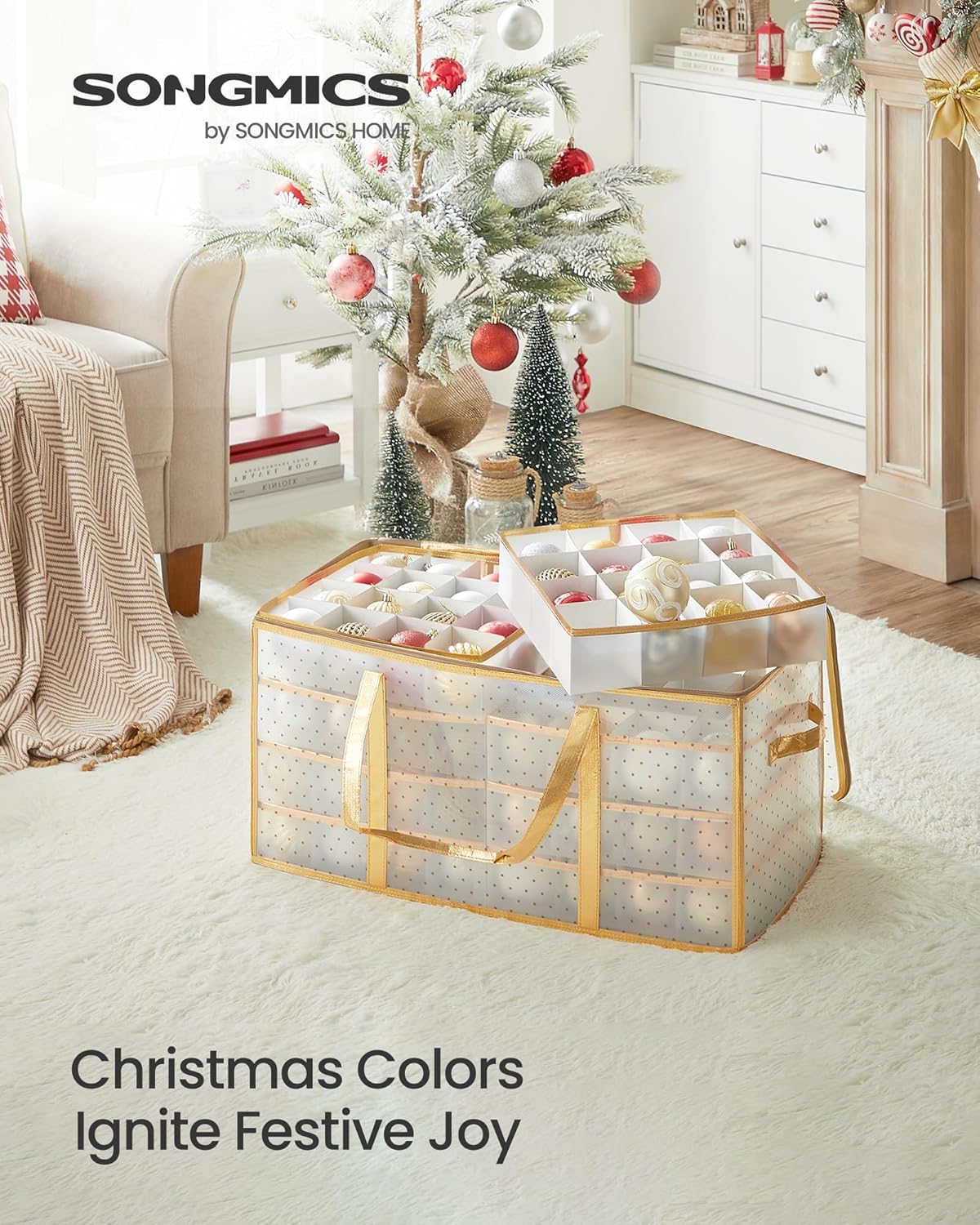 SONGMICS Set of 2 Large Christmas Ornament Storage Boxes, 16 Trays, Hold 256 Balls up to 3-Inch, Plastic Christmas Storage Containers with Lids, Dual Zippers, Side Handles Sandy Gold URFB029A07