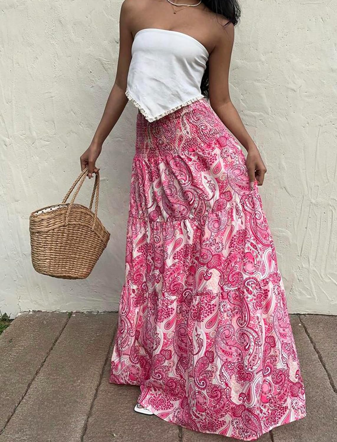 ZAFUL Women’s Summer Boho Maxi Skirts Bohemian Print Smocked High Wasited Flowy Tiered Ruffle Long Beach Skirt