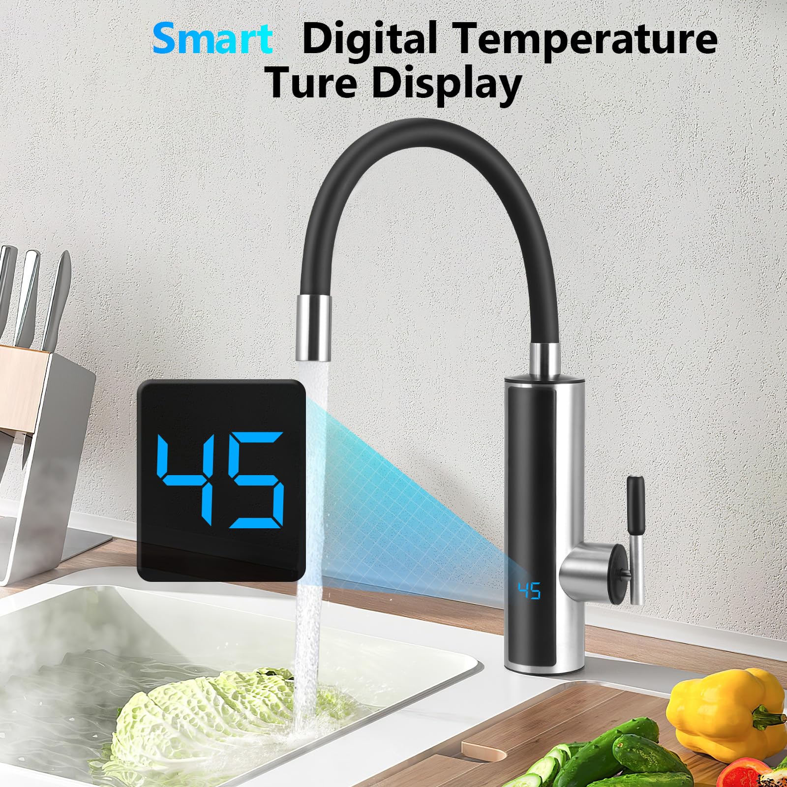 Scallo Idrico Istantaneo Elettrico, Rubinetto Riscaldato Da 3000w 220 V Con Presa Flessibile E Display A Temperatura Lcd, Riscaldatore Intelligente Per La Cucina, Il Giardino, Il Bagno