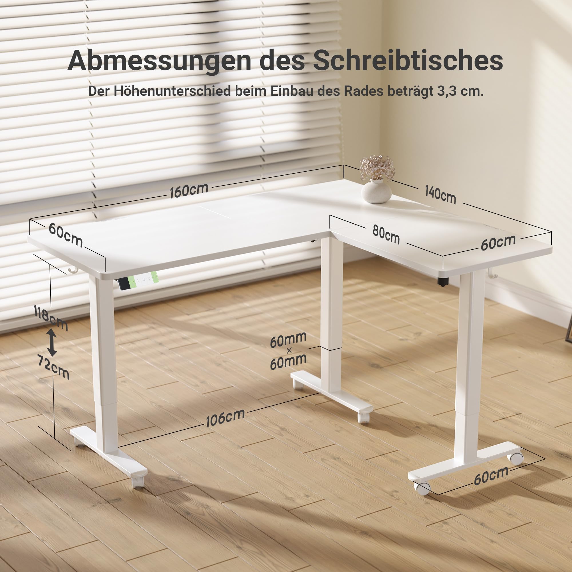 Claiks Eckschreibtisch Höhenverstellbar 160x140cm mit Dual-Motor, L Form Höhenverstellbarer Schreibtisch auf Rollen, L-förmiger Schreibtisch Weiß