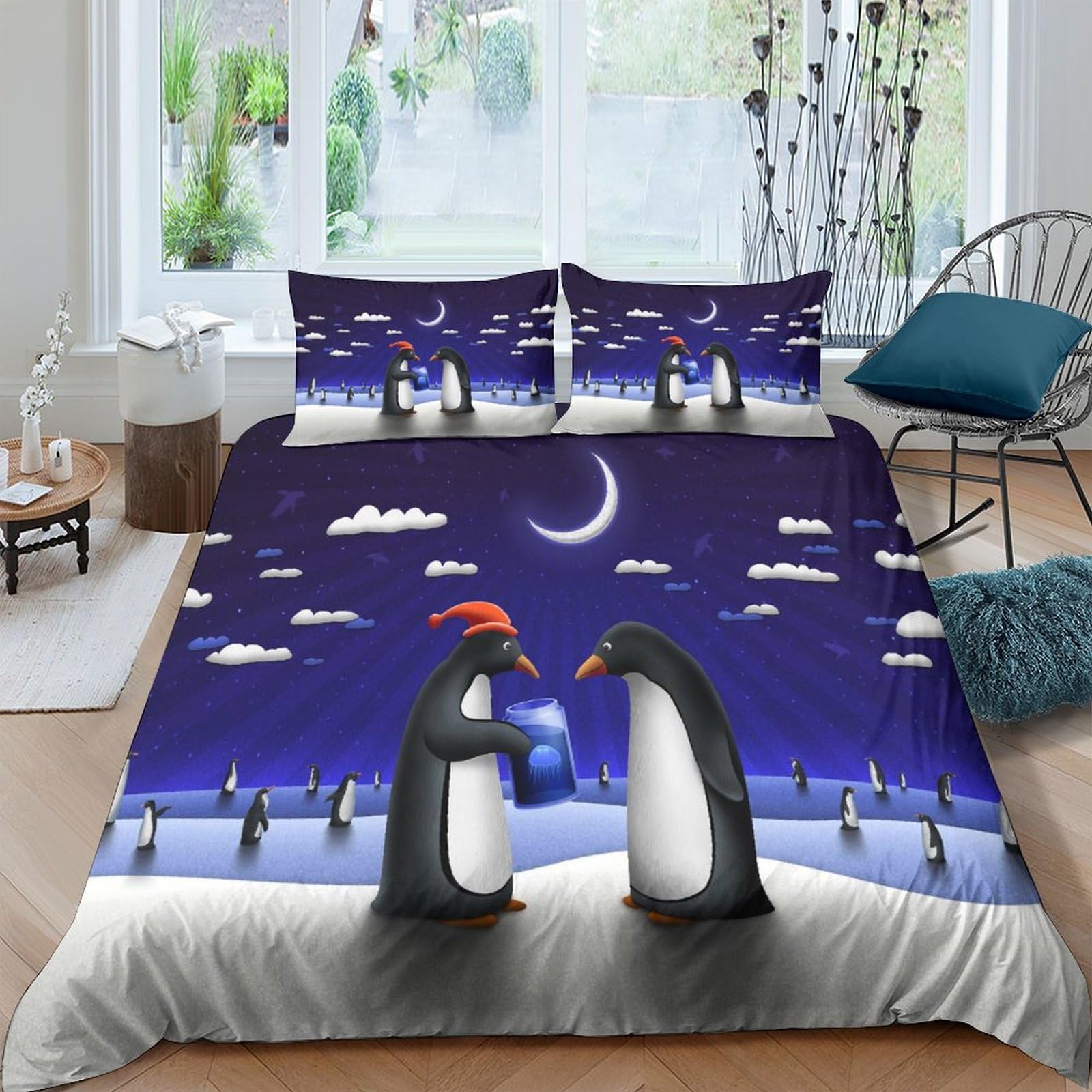 Housse de couette manchot 220x240 cm avec 2 taies d'oreiller pour lit King