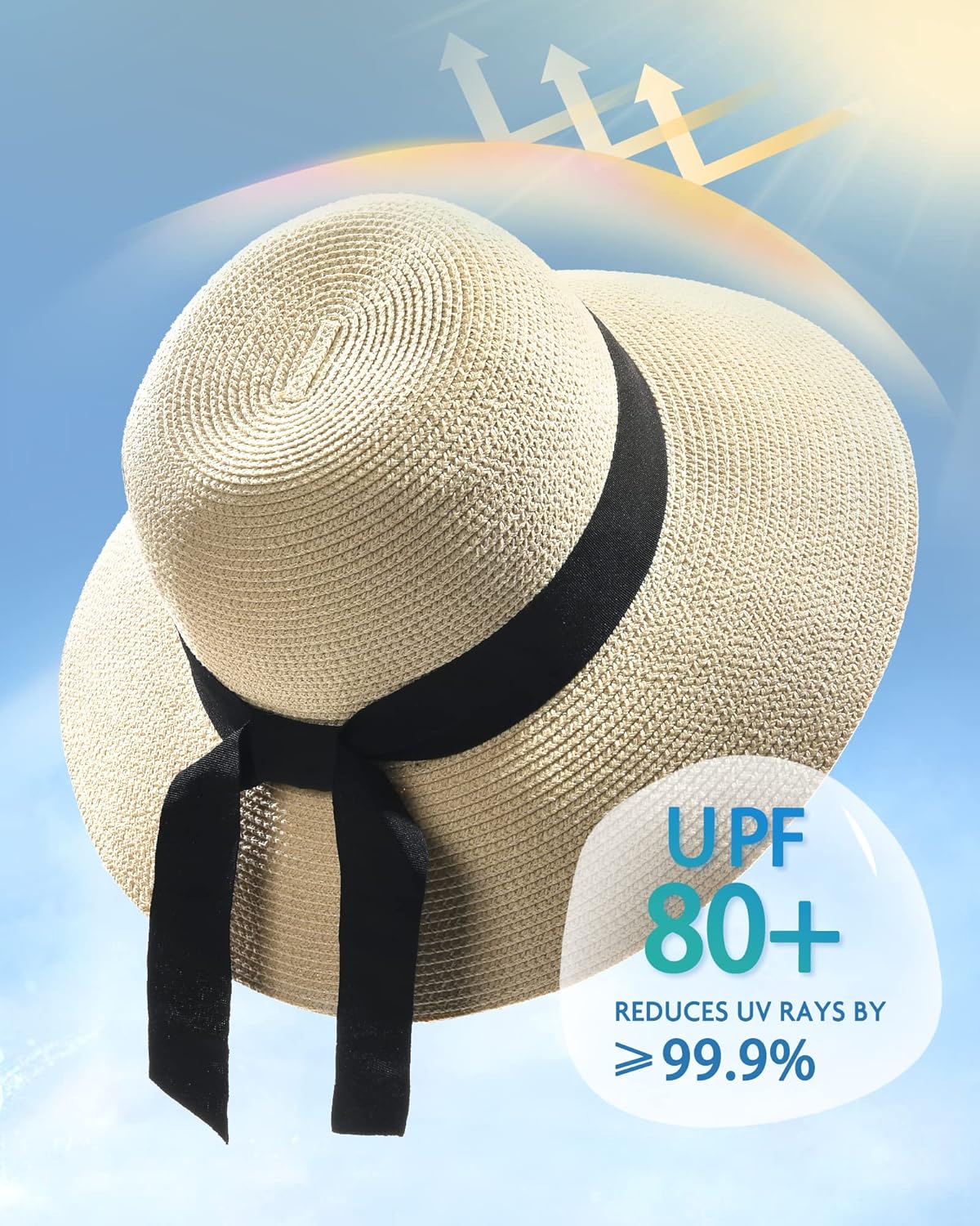 FURTALK Womens Beach Sun Straw Hat UV UPF 80+ Travel Foldable Brim Summer UV Hat - Image 5