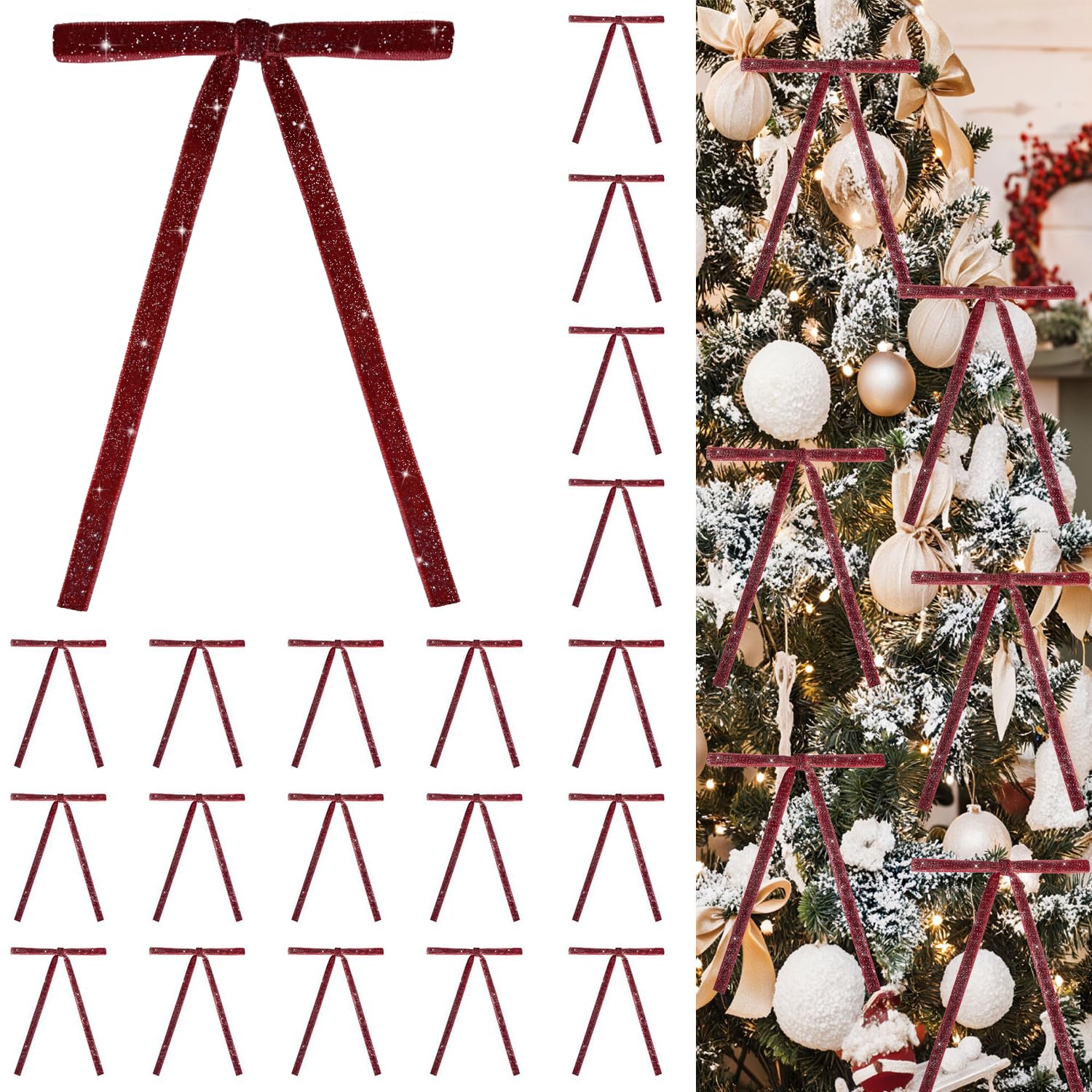 24 PCS Velvet Bows Christmas Ornaments Decorations, Sparkly Glittery Burgundy Velvet Bows Ornaments for Christmas Tree, Unique Elegant Xmas Home Holiday Decor for Tree Mantle Wreath Gift Wrap