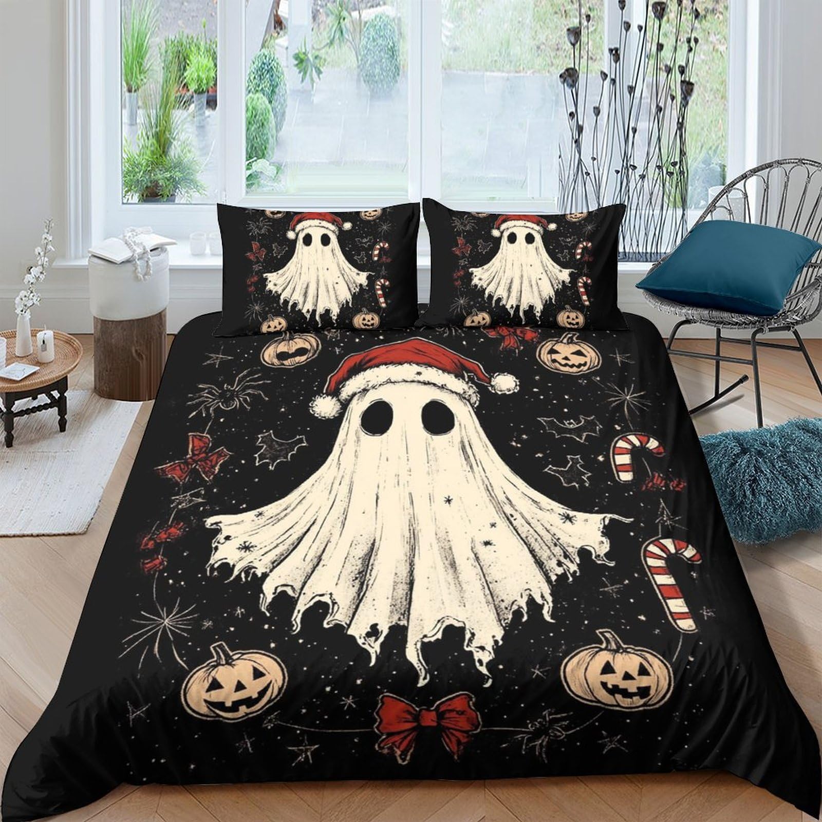 Ctjqhvkz Style-7 3D Printed Ghost Halloween Fitted Sheet Microfiber Soft Black Christmas Pumpkin Bed Cover For Bedroom Dorm Decor Single（135X200cm）