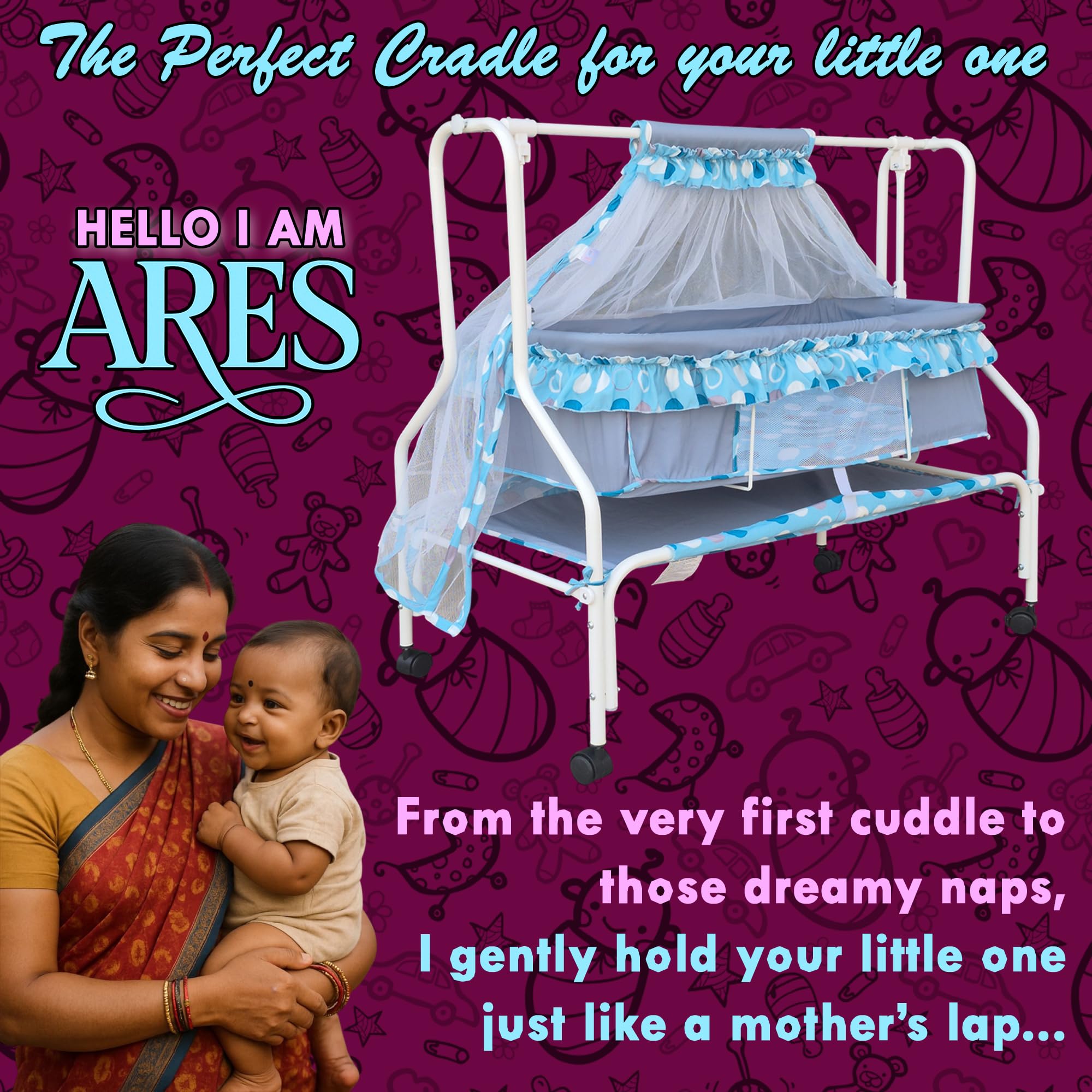 Kiddery Ares | Cradle for Baby | New Improved Mattress Design | Mosquito Protection Net | Smooth Swing | All Wheel Lock | Palna | Jhula | Uyyala | 0-10 Months | Blue