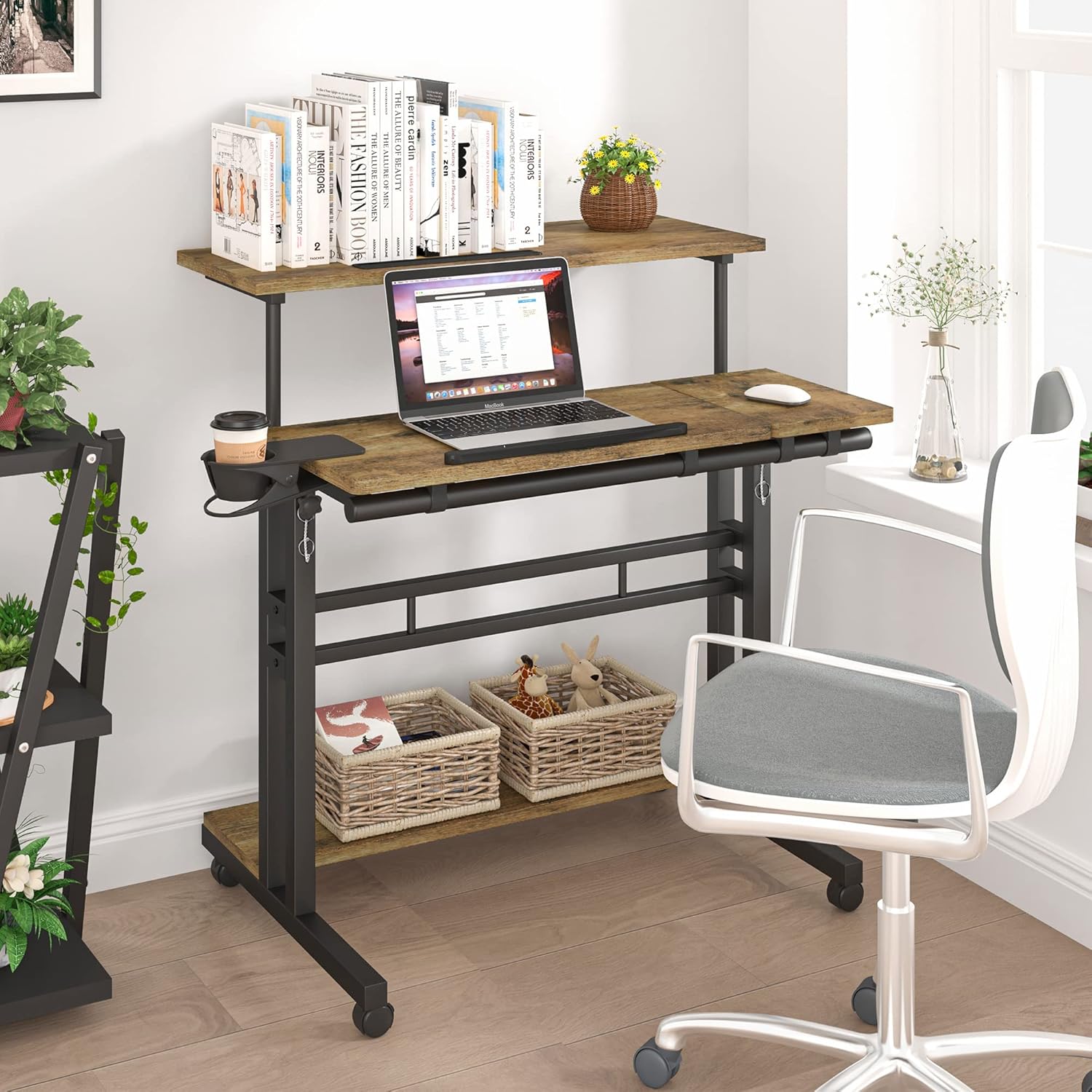 Mobile Standing Desk, Adjustable Rolling Computer Desk with 3 Desktops, Portable Laptop Table with Cup Holder, Home Office Laptop Workstation on Lockable Wheels, Black, Rustic Brown - Image 2