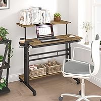 Vista 2 de Escritorio móvil de pie, escritorio ajustable para computadora con 3 escritorios, mesa portátil para laptop con soporte para tazas, estación