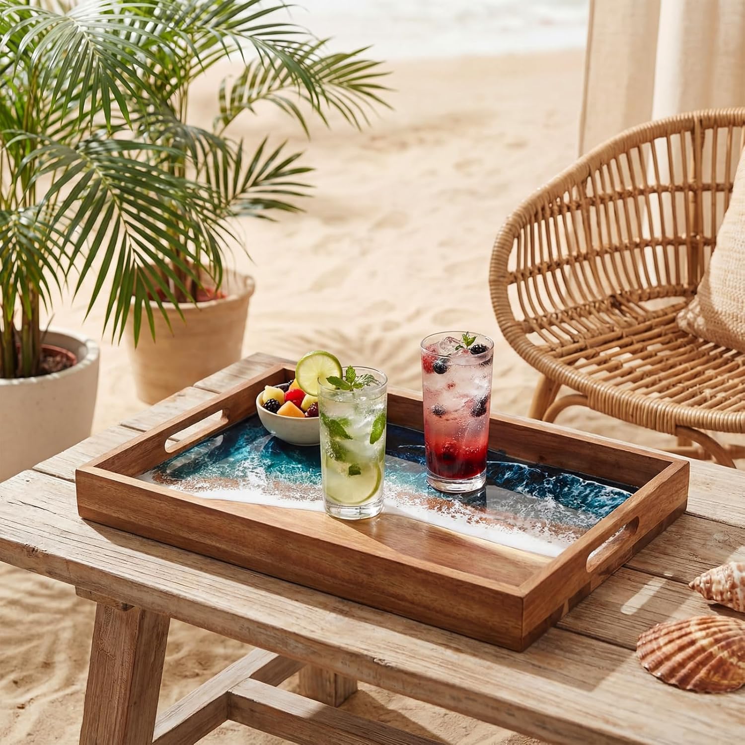 Novabright Rectangular Acacia Wood Serving Tray with Ocean Resin Art, 17 x 11.8 Inch Beach Charcuterie Board with Side Handles, Summer Serving Tray for Kitchen Meal Prep Housewarming Gifts