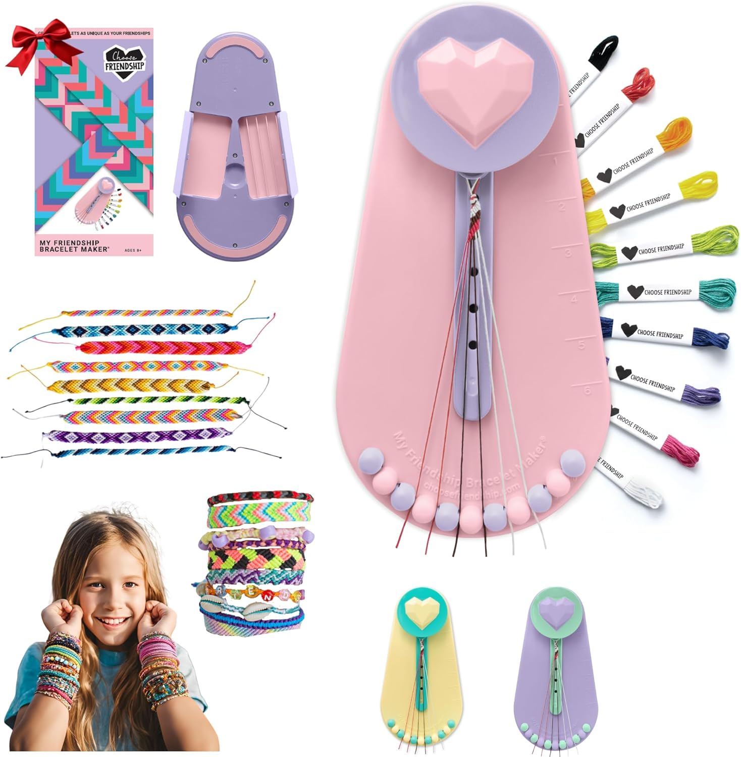 Choose Friendship Bracelet Making Kit – DIY Craft Loom for Kids Ages 8+, New & Improved Design, Includes 20 Threads, Makes 8 Bracelets, Pink “Blush Berry