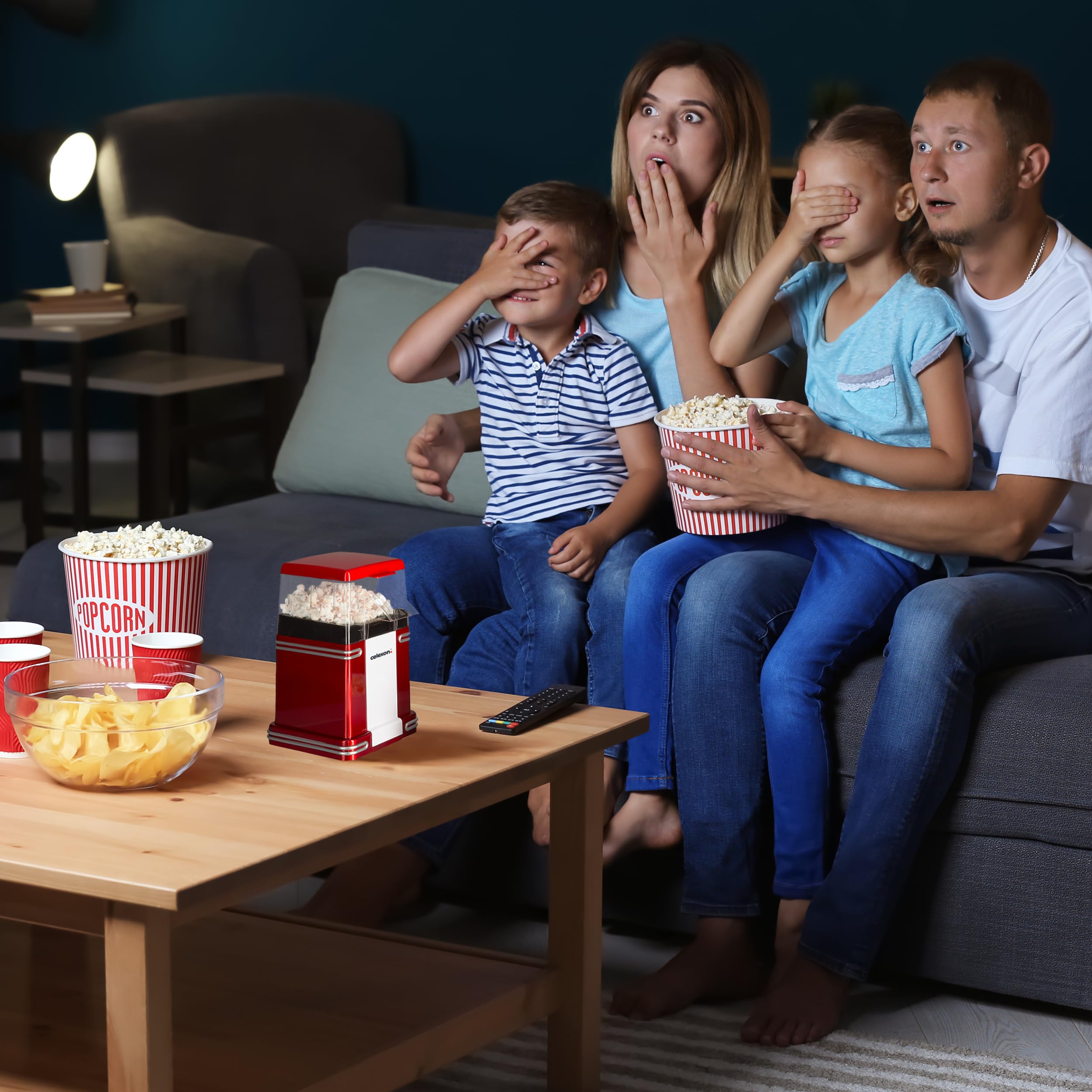 celexon CinePop CP250 maszyna do popcornu – 22 x 17,5 x 28,5 cm – waga: 1,3 kg – czerwona/retro – bez oleju/niskotłuszczowego – urządzenie do robienia popcornu z gorącym powietrzem