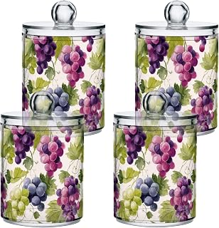 Gredecor 4 Pack Qtip Holder Clear Grape Fruits Leaves (8) Apothecary Jars with Lids Acrylic Bathroom Jars Vanity Countertop Canister Storage Organizer for Cotton Ball,Swabs,Pads,Floss