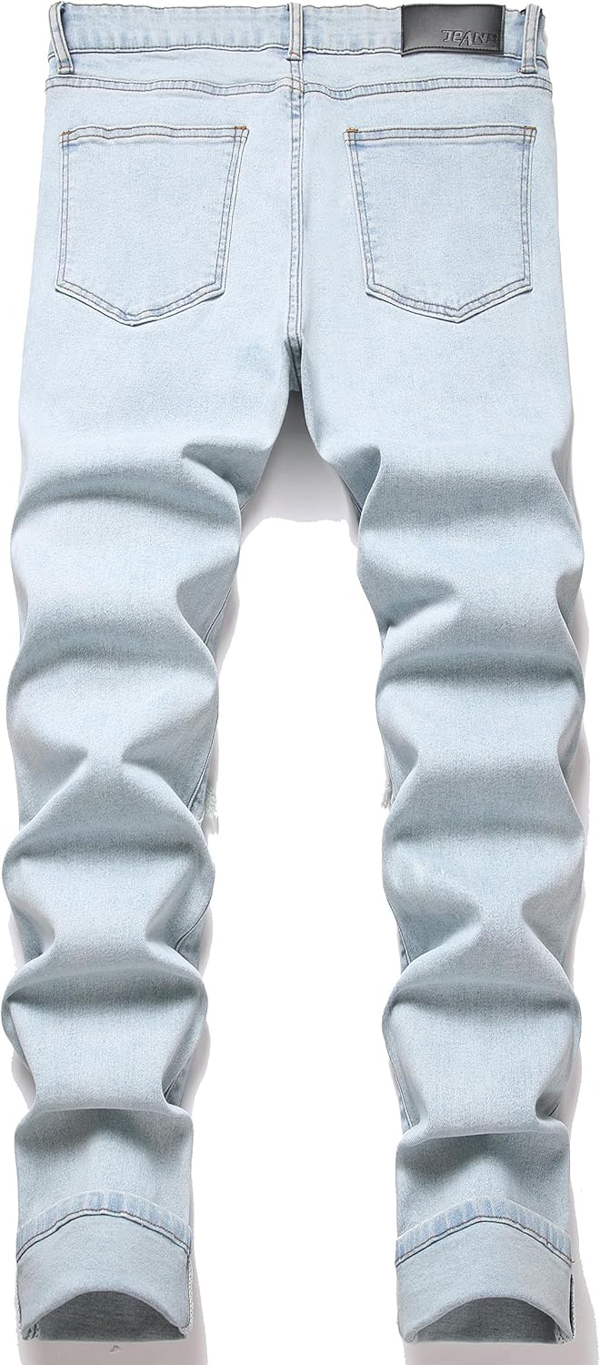 Men's Ripped Patch Elastic Jeans Fashion Slim Fit Regular Denim Pants - Image 3