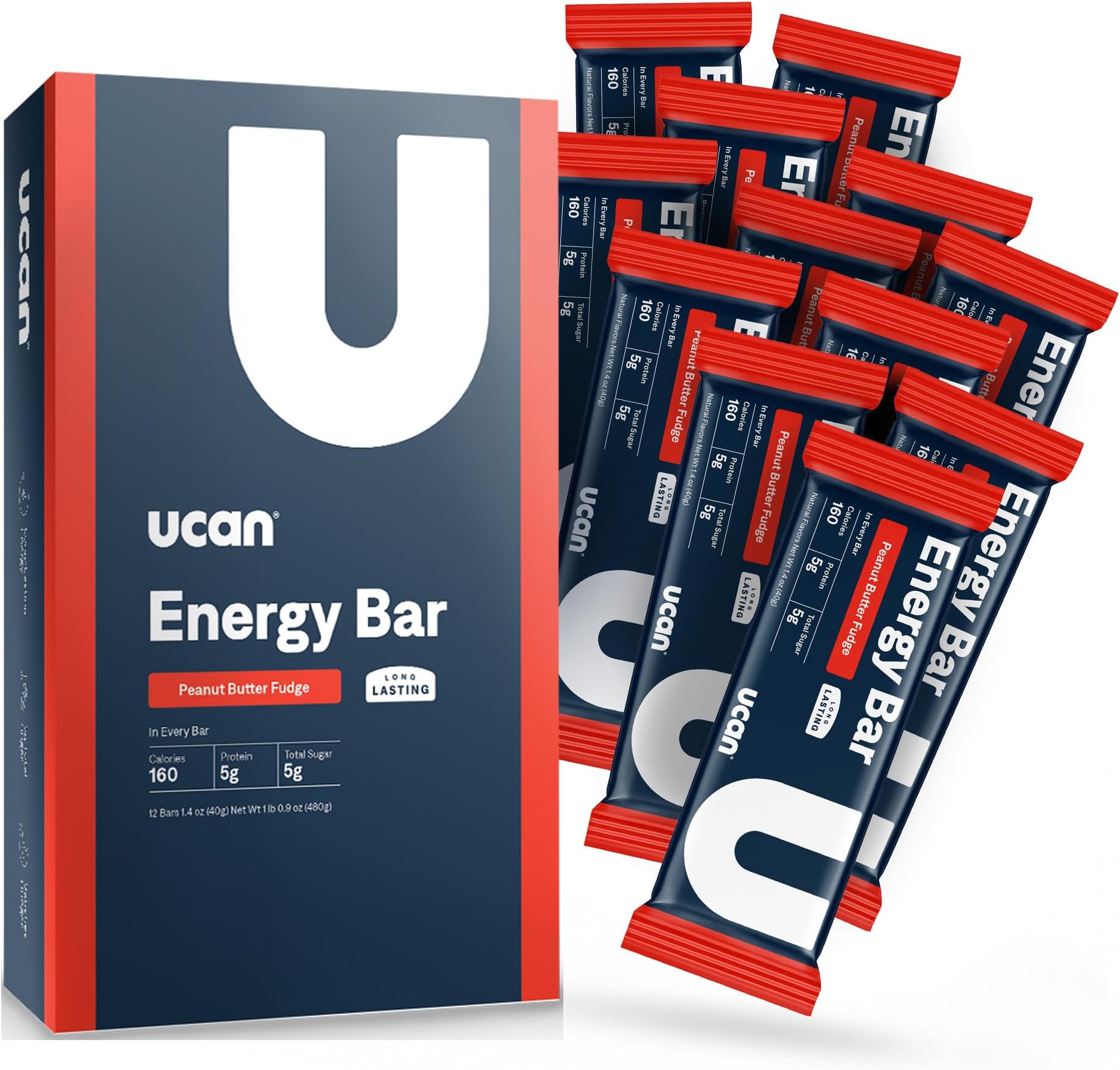 UCAN Energy Snack Bars, Peanut Butter Fudge, All Natural, Low Sugar, Non-GMO, Gluten-Free, Keto-Friendly (12 Pack, 1.4 Ounces)
