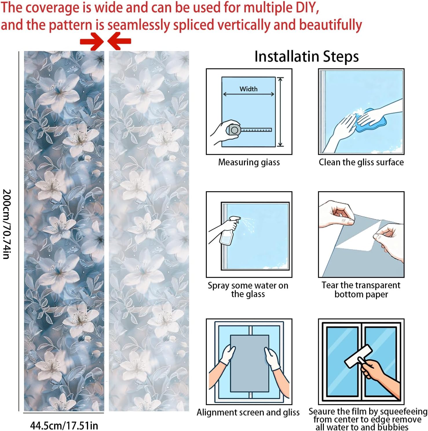 Static Cling Frosted Window Film, White Floral Stained Glass Design, No Glue, 17.5 x 78.7 Inch for Bathroom, Kitchen, Living Room, Glass Doors