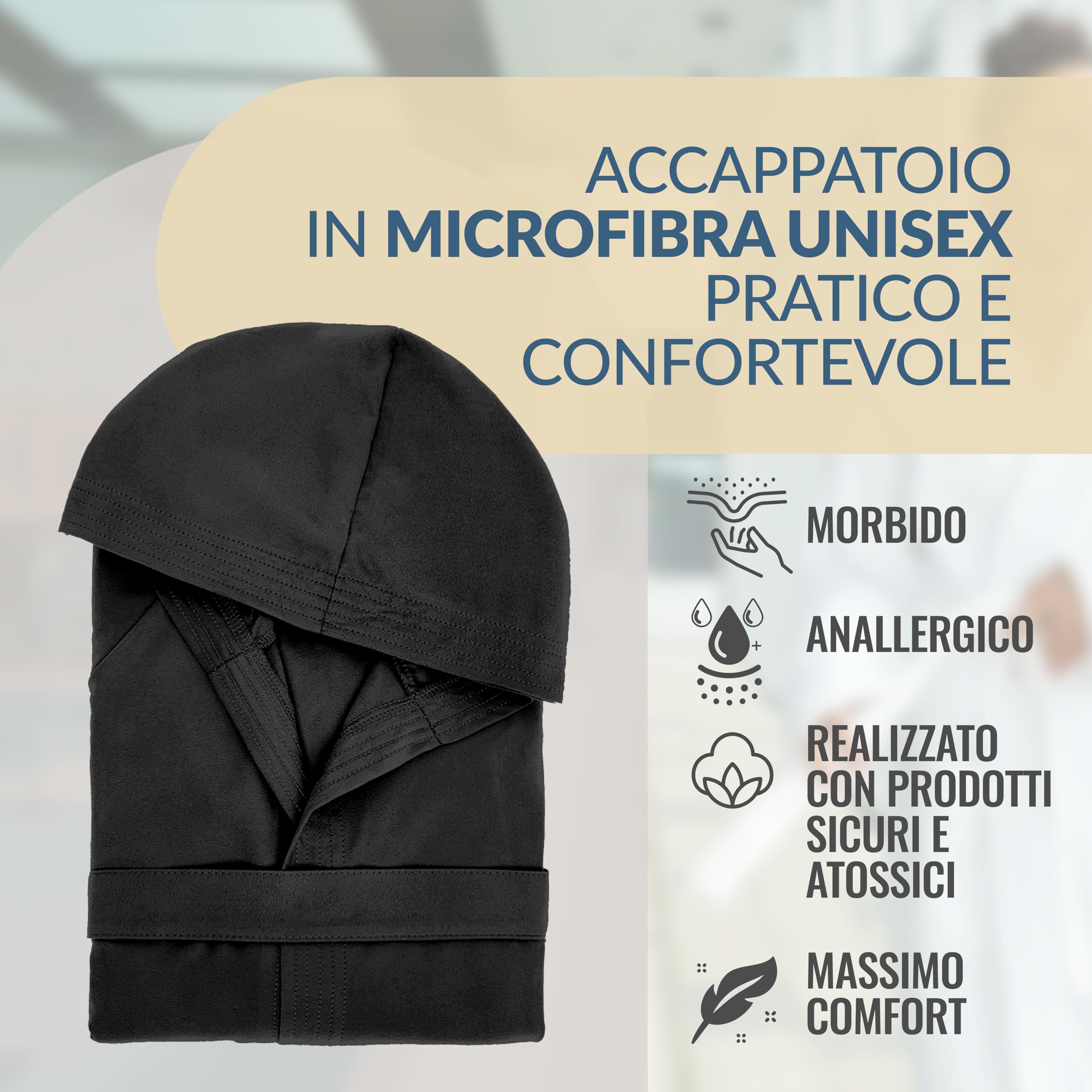 Dorian Home - Accappatoio Uomo e Donna in Microfibra Anallergico, Morbido, Leggero, Salvaspazio, Assorbente a Rapida Asciugatura con Cappuccio, Tasche, Cintura a Passanti e Gancio, Lavabile (no Stiro)