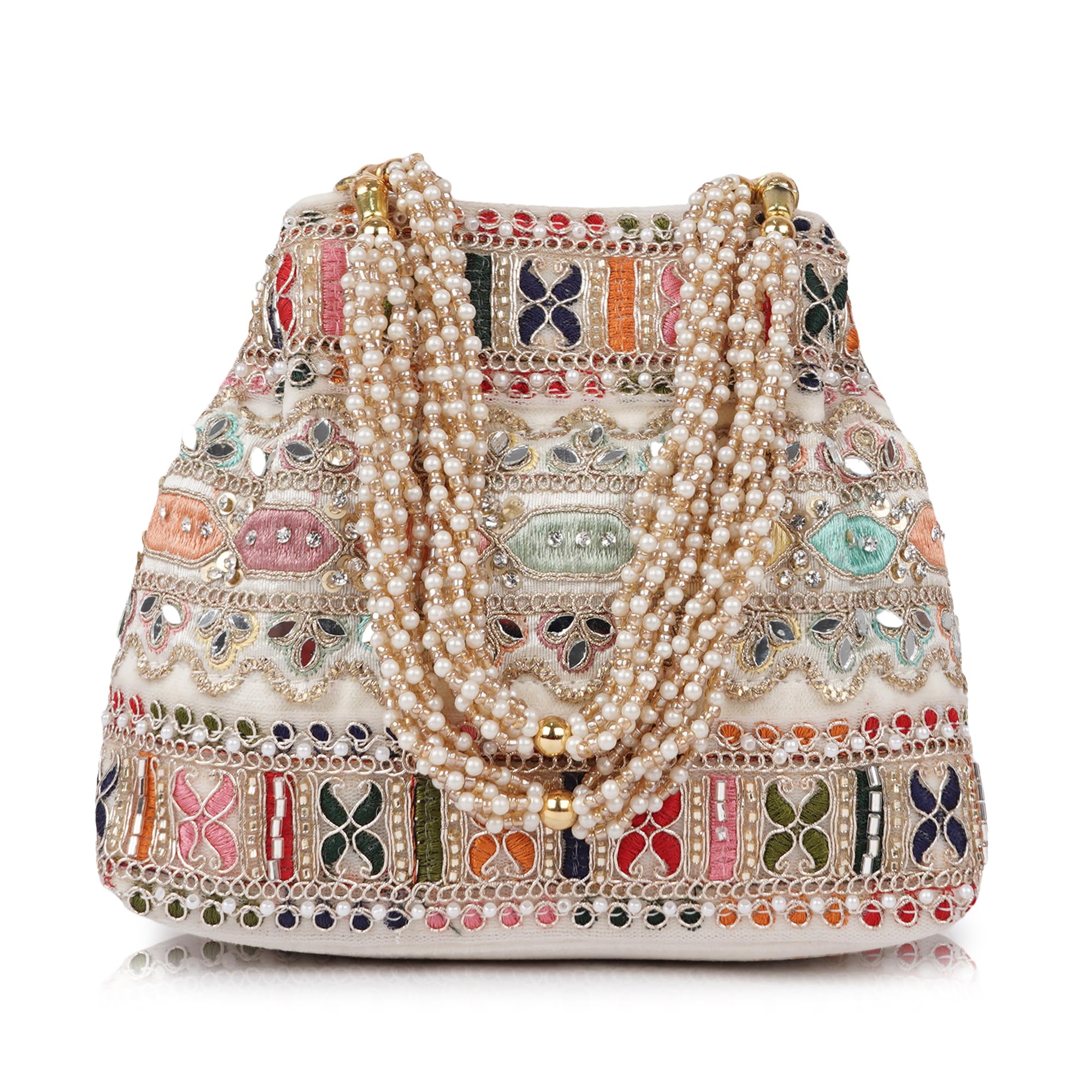 Women's Premium Embroidered Potli Bag with Pearl Handle | Traditional Mirror Work Ethnic Clutch Purse for Wedding, Bridal, Party, Festive & Function-image-29