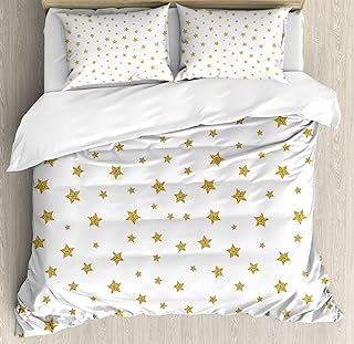 Ambesonne Star Duvet Cover Set, Stars Pattern Illustration Creative Birthday Bachelorette Themed Print, Decorative 3 Piece Bedding Set with 2 Pillow Shams, Queen Size, Gold White