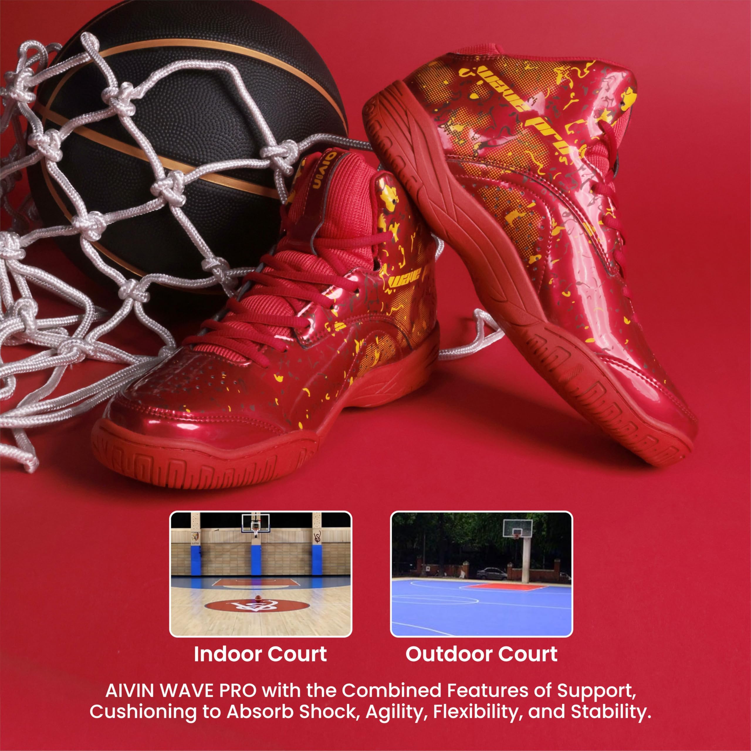 Aivin Wave Pro Men's Basketball Shoes for Men, Durable Rubber Sole, Indoor & Outdoor Court Shoes, Soft Cushion NR EVA Inner Insole, High-Performance Footwear for Basketball (Red/Yellow, UK Footwear Size System, Adult, Men, Numeric, Medium, 5) 3