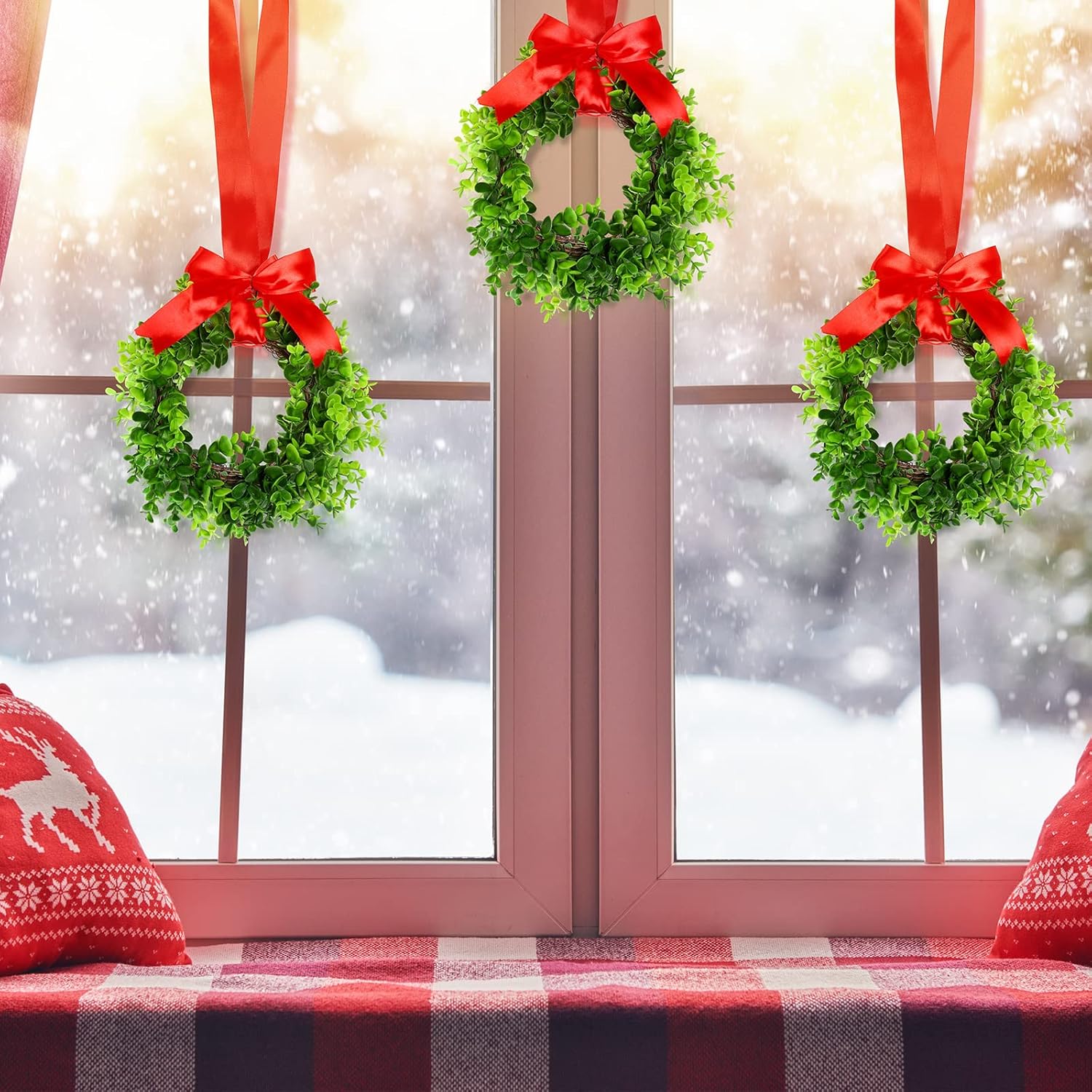 Jexine 12 Pcs Mini Christmas Wreath for Kitchen Cabinet Christmas Small Wreath with Red Bow Ribbon for Window Front Door Chair Wall Fireplace Xmas Artificial Greenery Decoration