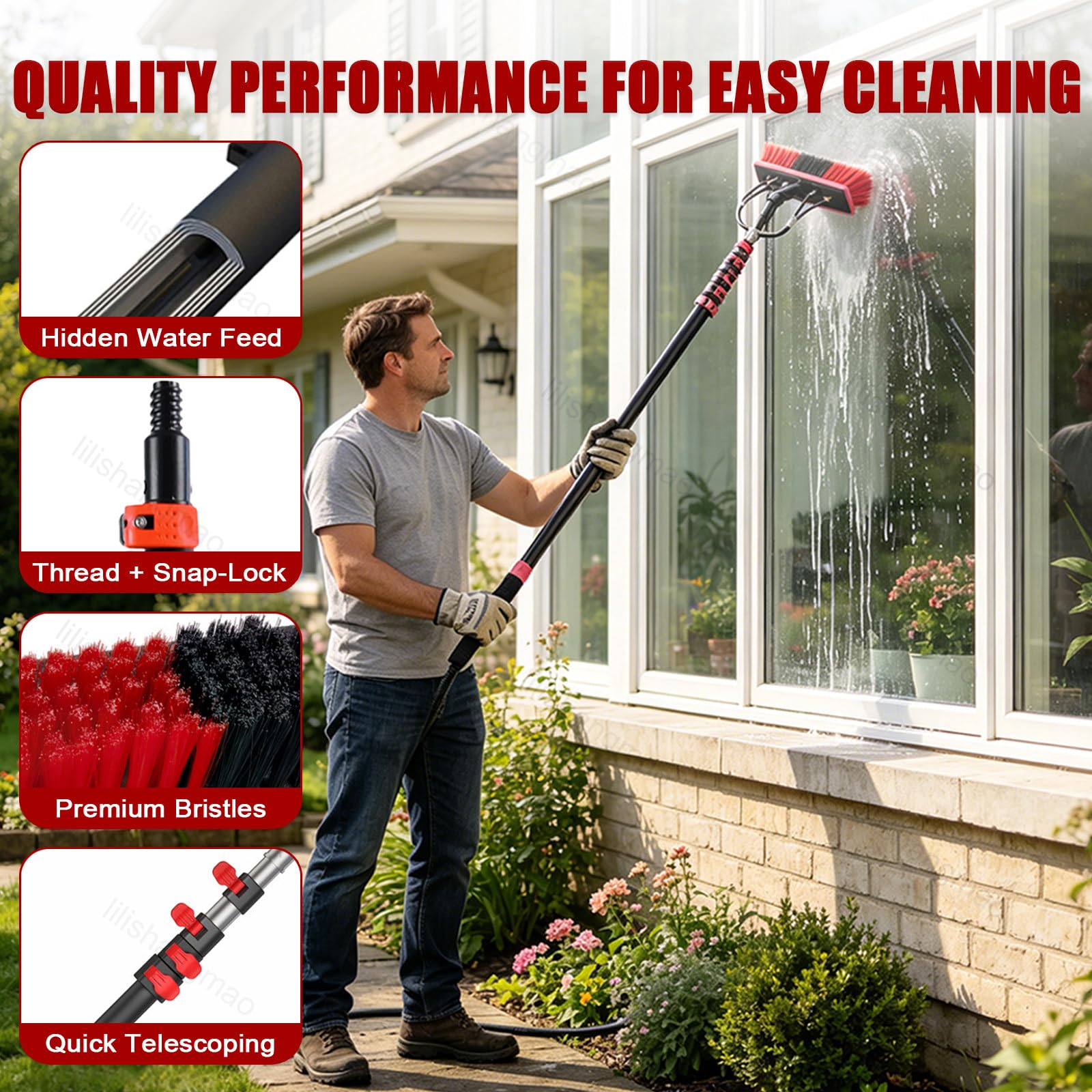Pértiga Telescópica De Largo Alcance con Cabezal De Cepillo De 55 cm – Mango Telescópico De Fibra De Carbono, 4 Salidas De Agua, Cerdas Suaves – para Paneles Solares, Ventanas 3.6m/12ft