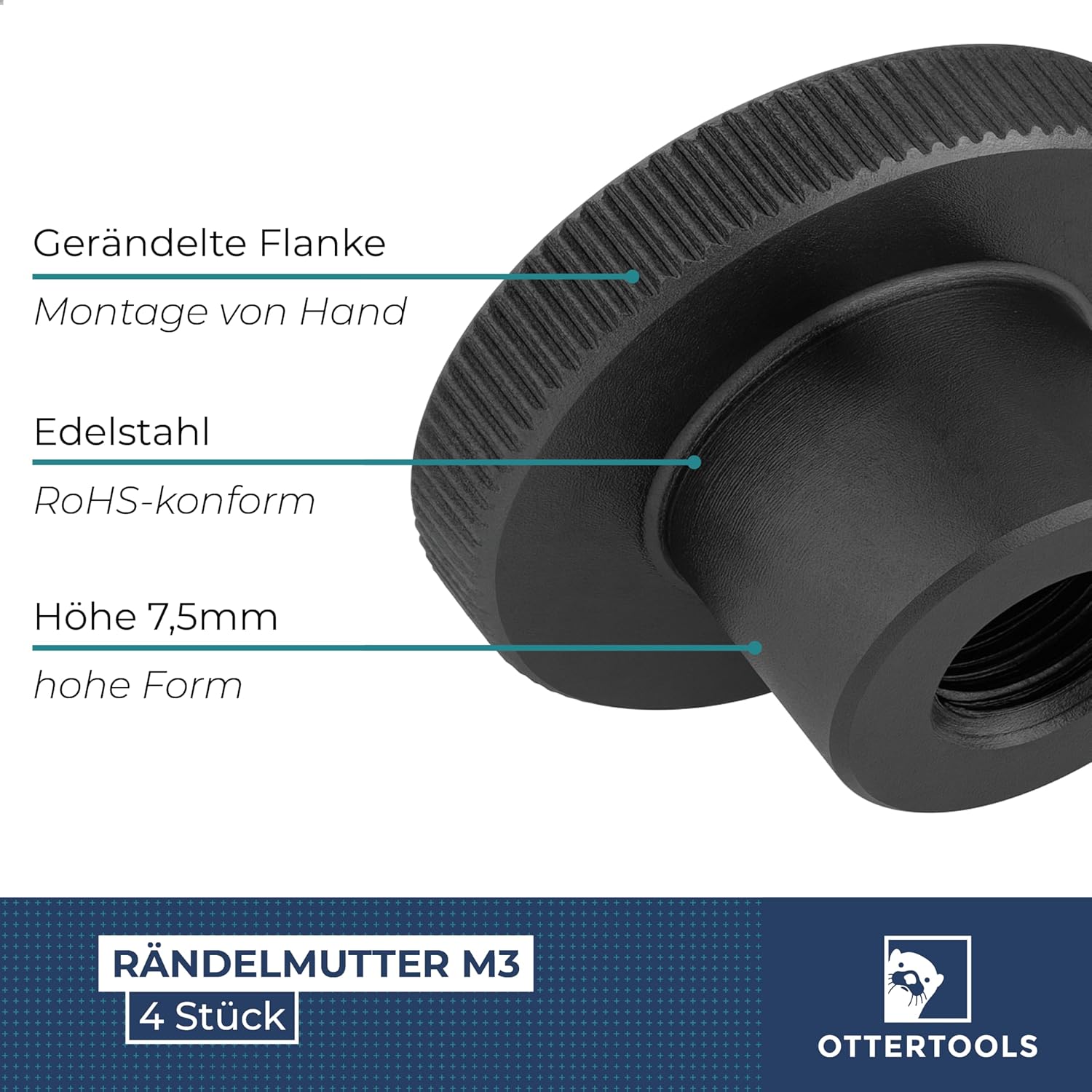High Knurled Nut DIN 466 | Thread: M3 | Colour: Black | Stainless Steel | Pack of 4