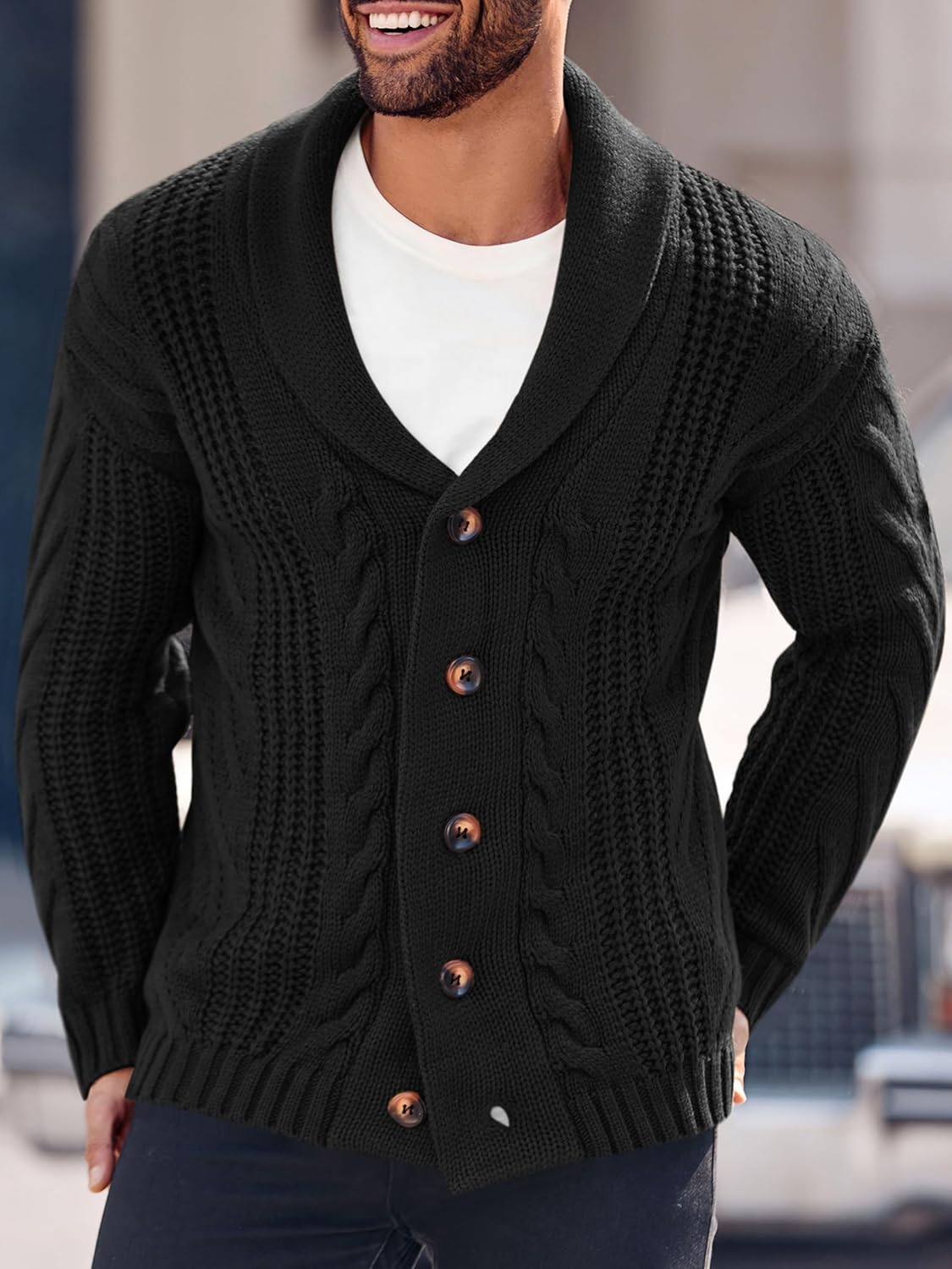 Mens Cable Knit Cardigan Sweater Shawl Collar Loose Fit Long Sleeve Casual Cardigans - Image 2