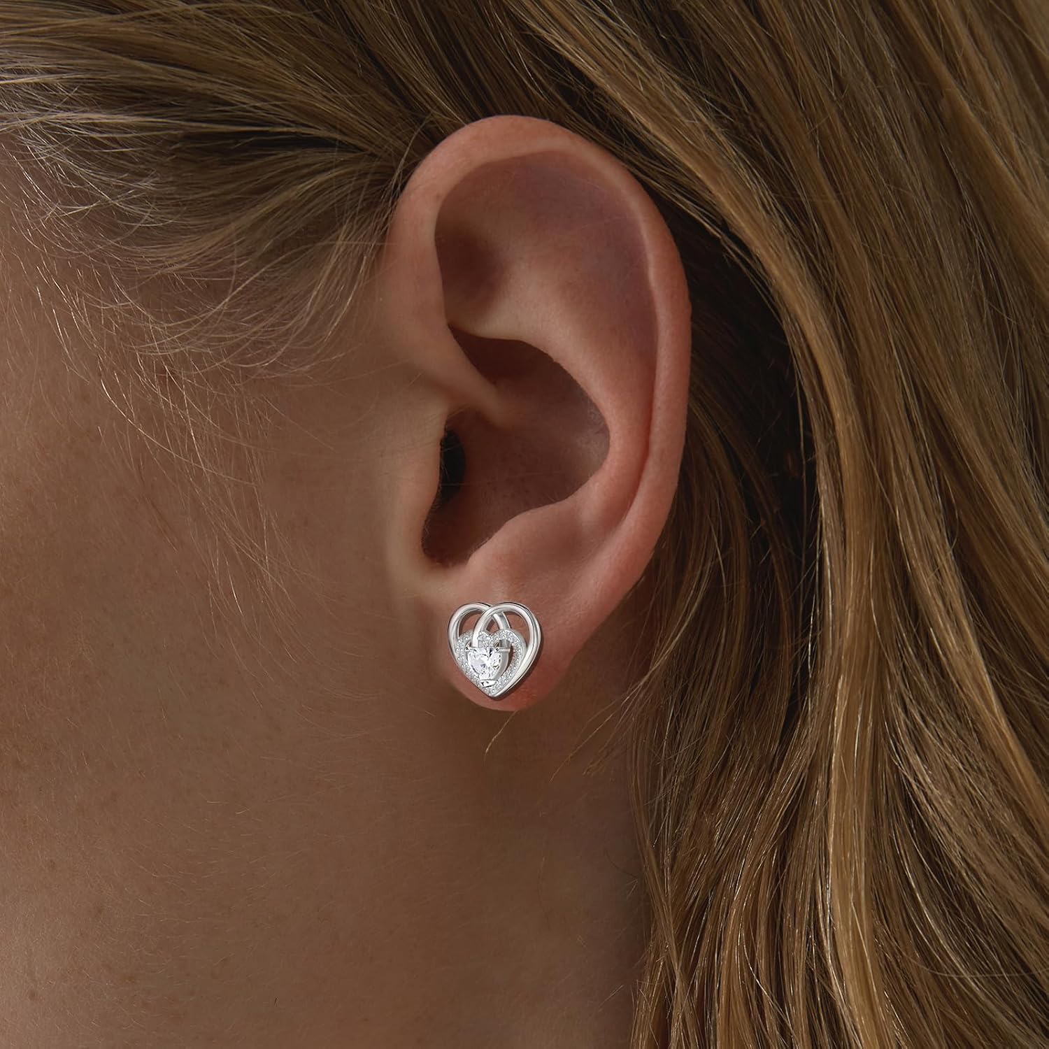 Heart Stud Earrings for Women - Sterling Silver Double Love Heart-Shaped Earrings Hypoallergenic Cubic Zirconia Hollow Post Earring Dainty Sparkle Jewelry Gifts for Her Wife Mom - Image 3