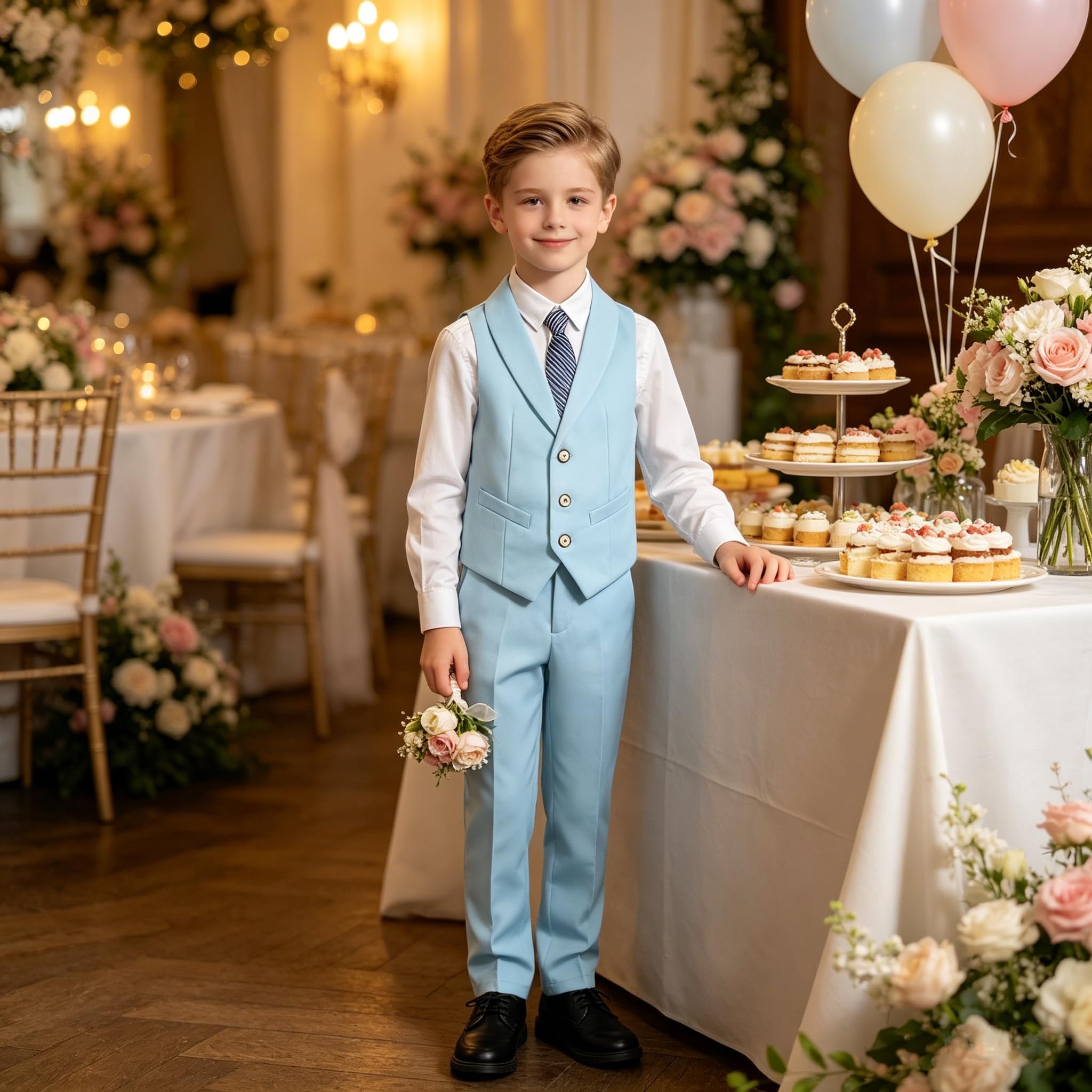 LOLANTA 5-teiliges Jungen Anzug Set Hochzeit Kommunion Geburtstag formeller Page-Outfit Weste Hose Hemd Fliege Krawatte