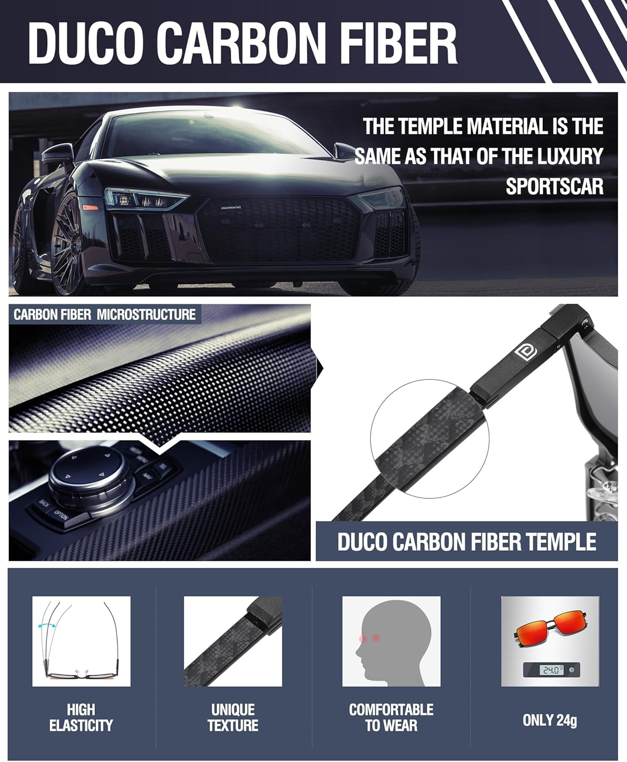 DUCO Retro Rectangular Polarized Sunglasses for Men Trendy Carbon Fiber Shades - Image 5