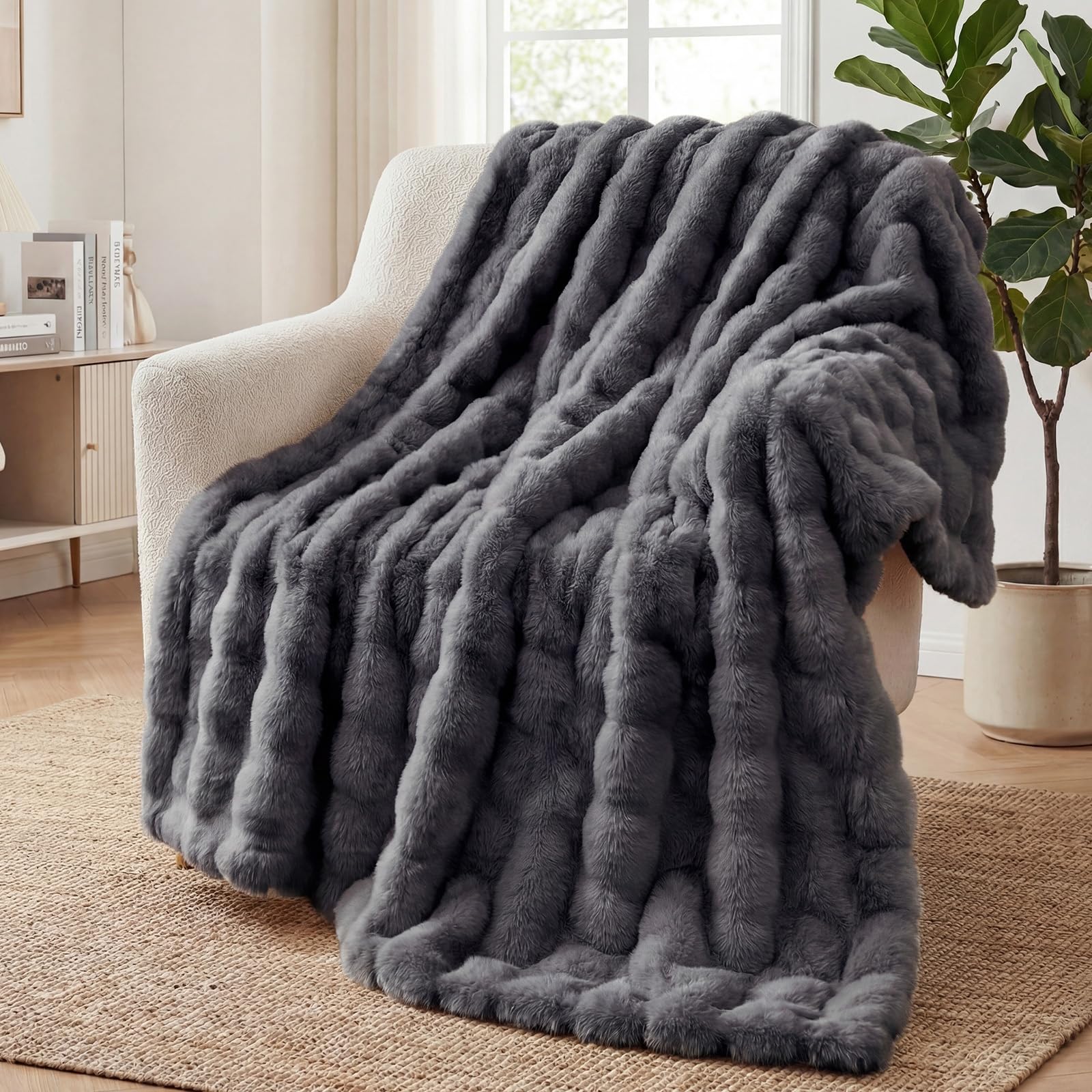 SHANNA Soft Warm Rabbit Plush Fleece Blankets Thick 1000 GSM Throws for Sofa Large Fluffy Versatile Blanket Bed Throw for Bedroom, Couch, Travel, Kids, Camping (Dark Grey, 180 * 230cm) — image 1