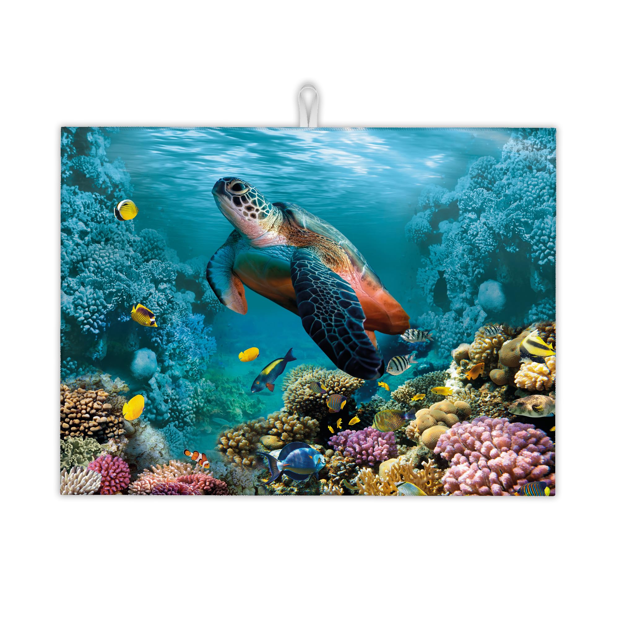 UIUPRO Sea Turtle Dish Drying Rack Mat for Kitchen Counter,Ocean Tropical Fish Coral Dish Drying Pad Absorbent Reversible Microfiber Protector for