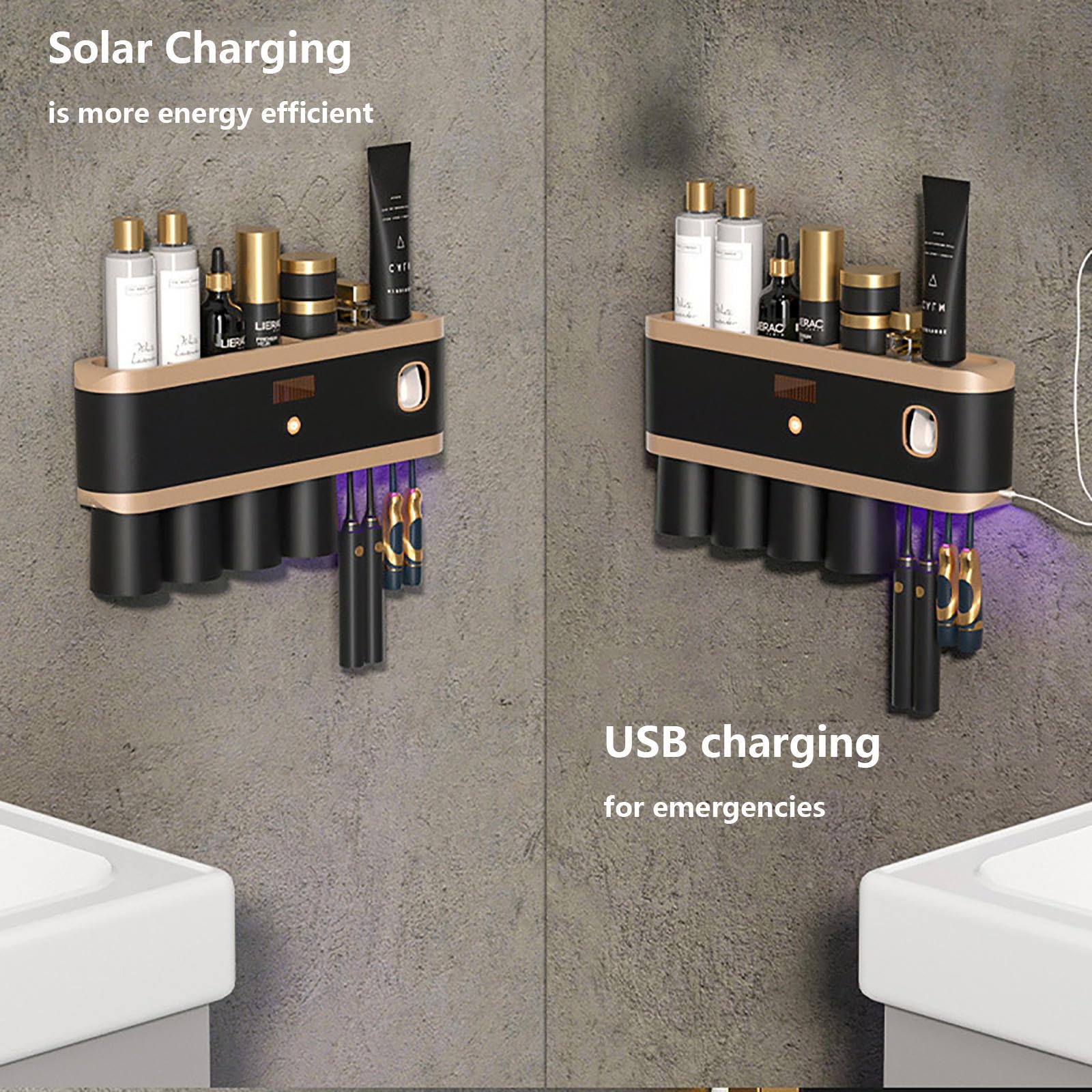 Soporte Cepillo De Dientes Inteligente Limpieza Profunda con UV, Organizador Cepillos De Dientes Montado En La Pared con Múltiples Ranuras De Carga Solar USB, Toothbrush Holder,4-Cups