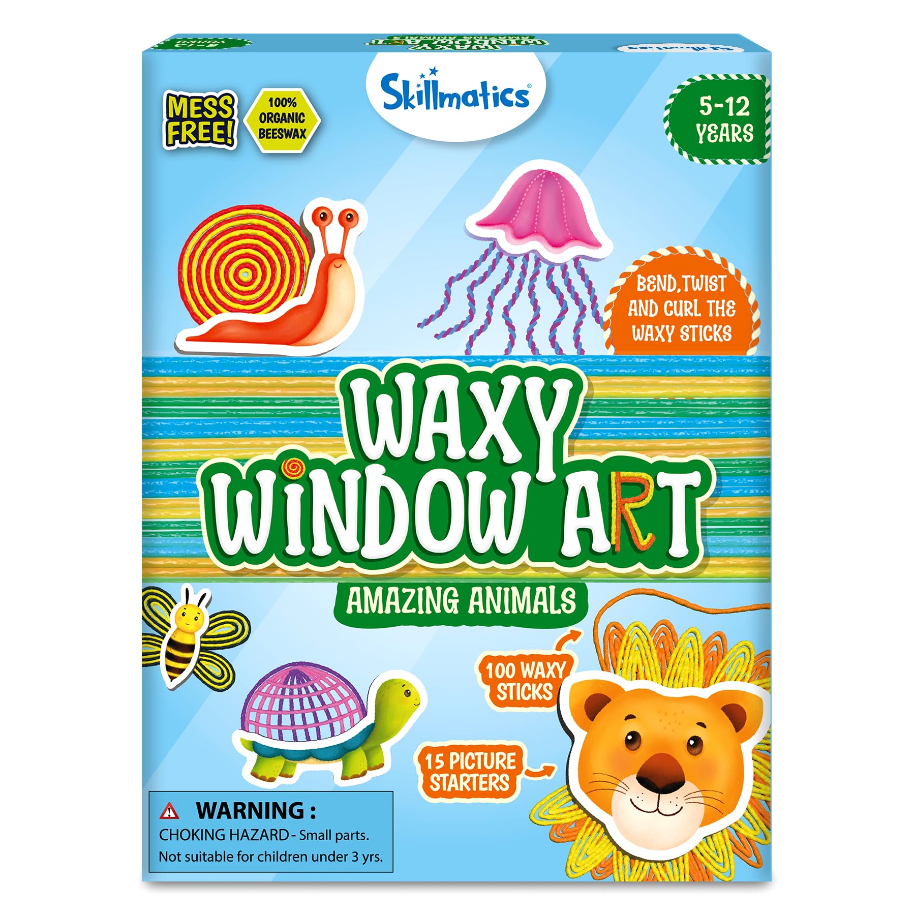 Skillmatics Waxy Window Art - 100 Bendable Waxy Sticks for Mess-Free DIY Fun, Reusable 100% Organic Beeswax Craft Kit, Travel Friendly, Creative Gifts for Girls & Boys Ages 5, 6, 7, 8, 9, 10, 11, 12