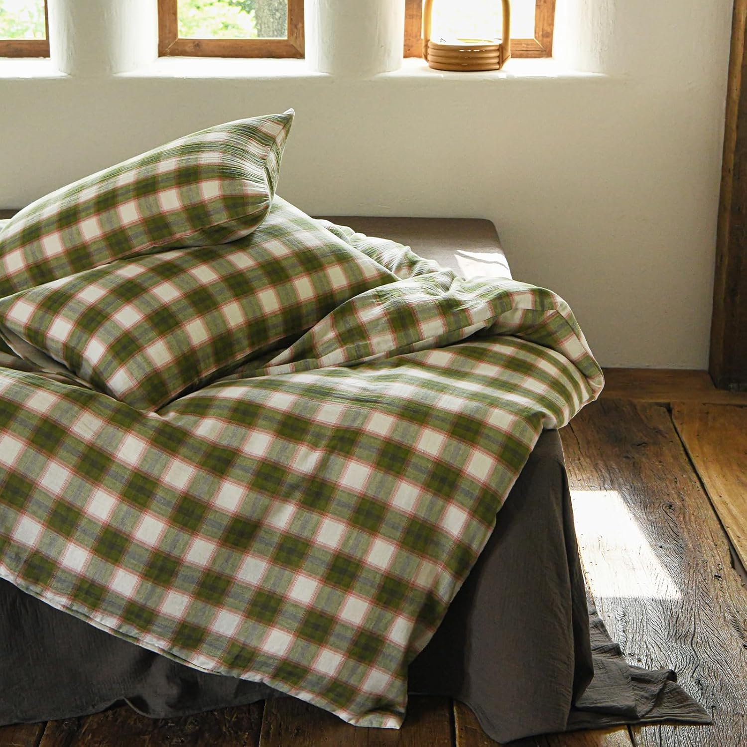 EAVD Vintage Style Gingham Duvet Cover Queen Soft 100% Muslin Cotton Yarn-Dyed Textured Chic Pink&Green Grid Plaid Bedding Set with 2 Pillowcases British-Style Plaid Duvet Cover with Zipper