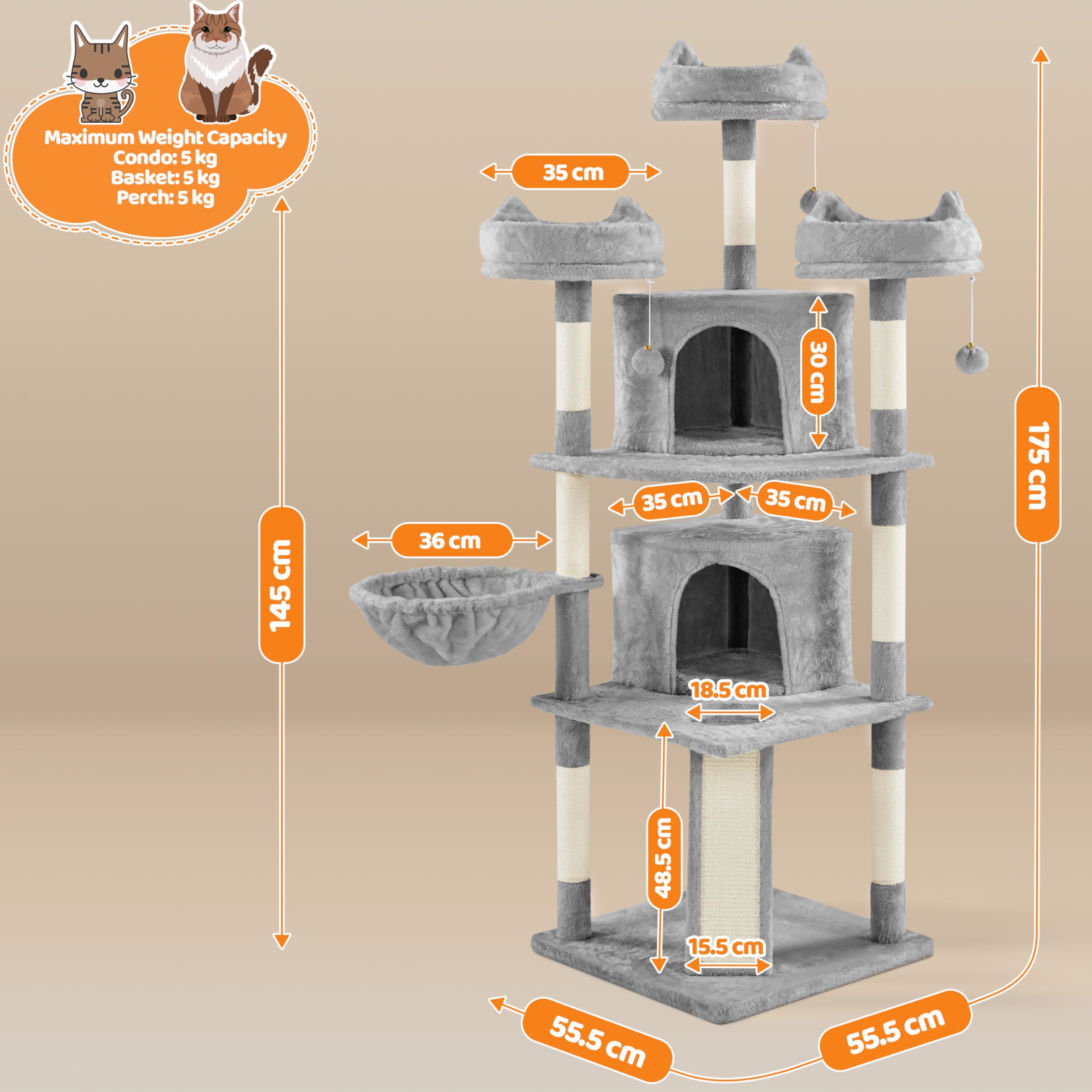 Yaheetech Árbol Rascador para 3-5 Gatos Adultos de Altura 175 cm Grande Torre para Gatos Mascota con 3 Plaraformas Gris Claro