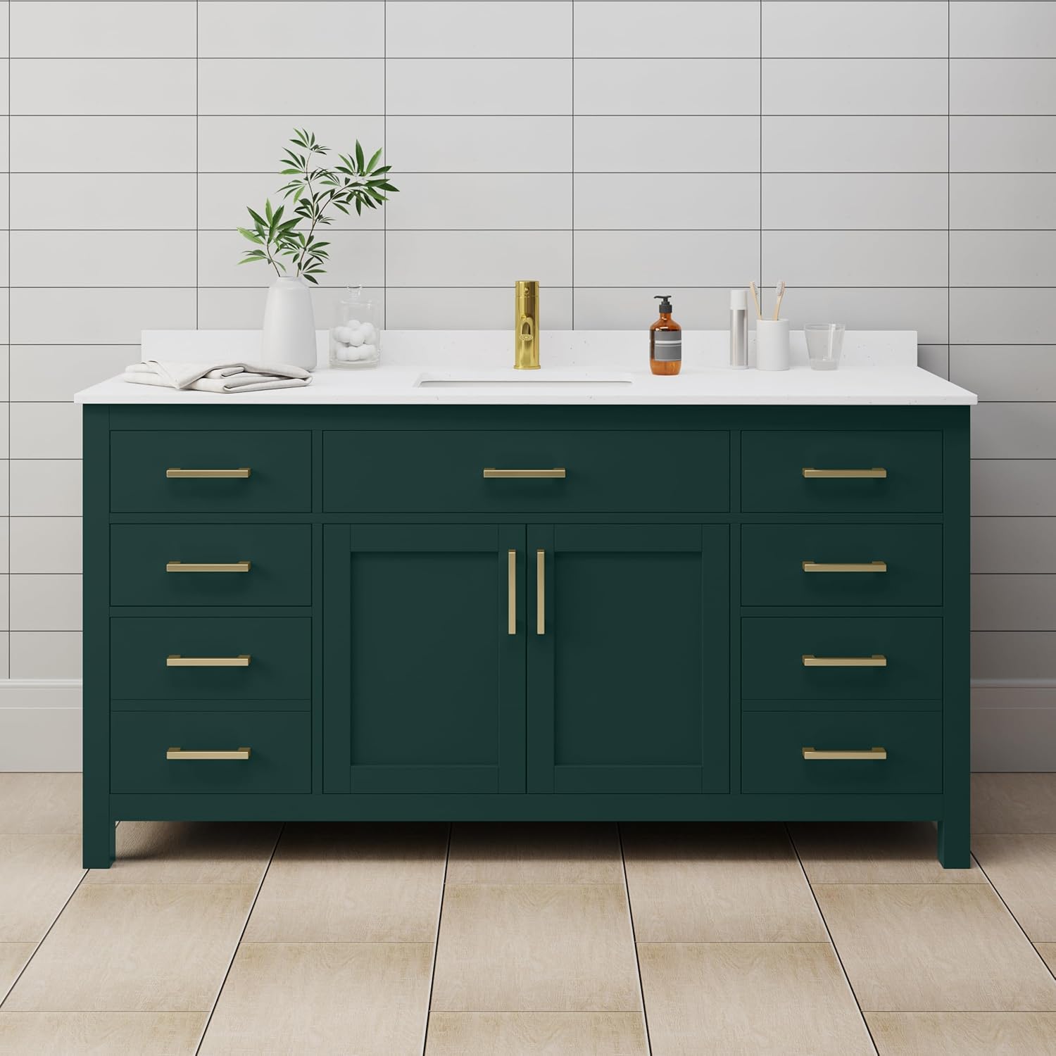 Beckett 66 Inch Single Bathroom Vanity in Green, White Cultured Marble Countertop, Undermount Square Sink, Brushed Gold Trim