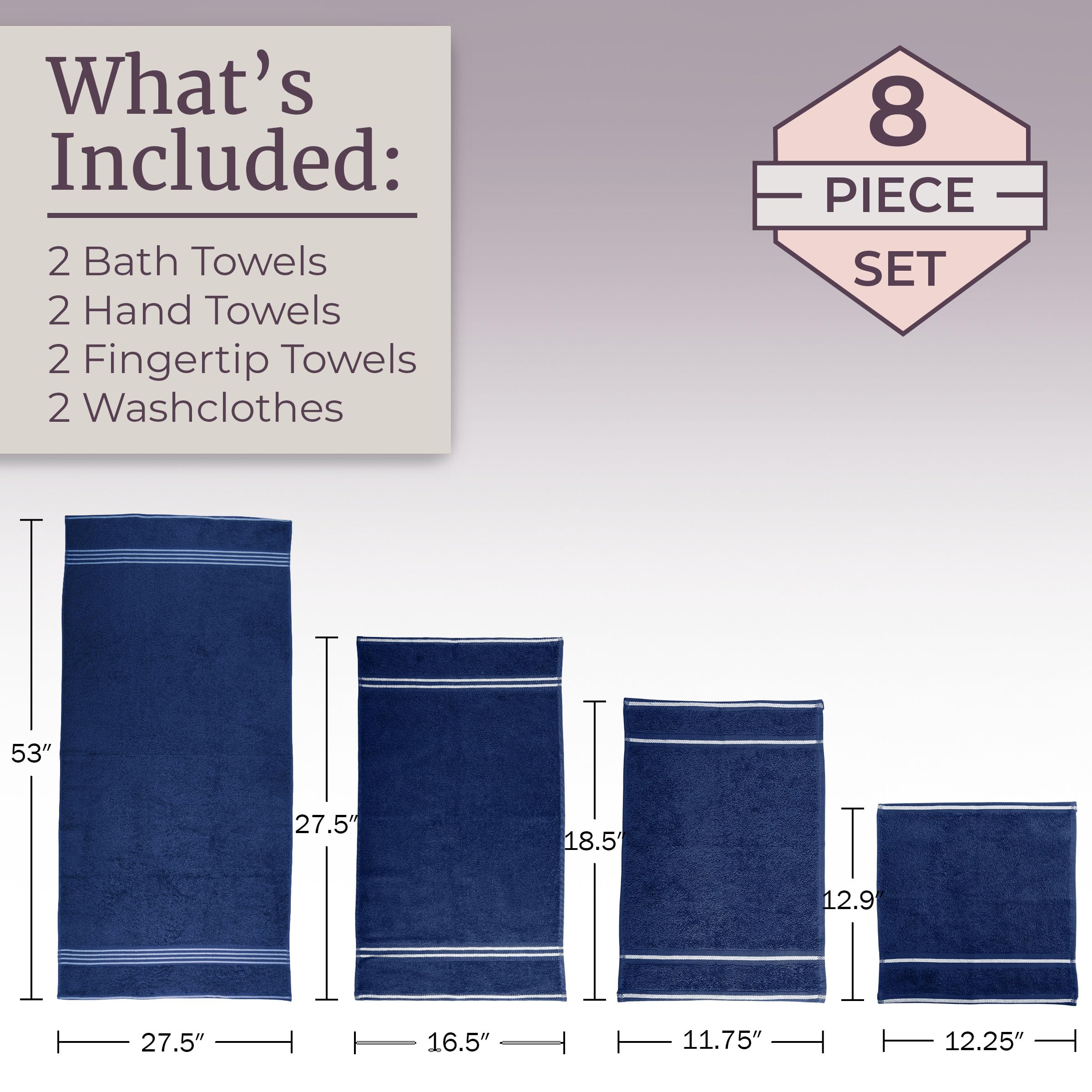 BEDFORD HOME Rio - Set di 8 asciugamani in cotone, colore: Blu navy