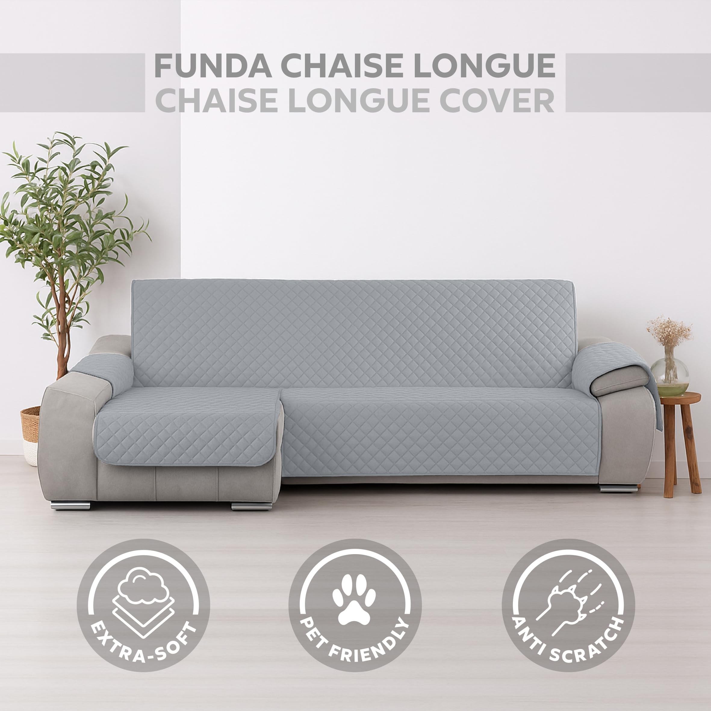 Textilhome Copri divano con Penisola Sinistra, Copridivano Chaise Longue CIRCUS – Salvadivano Trapuntato Universale con Bracciolo, Antimacchia, 200 cm, Grigio Chiaro