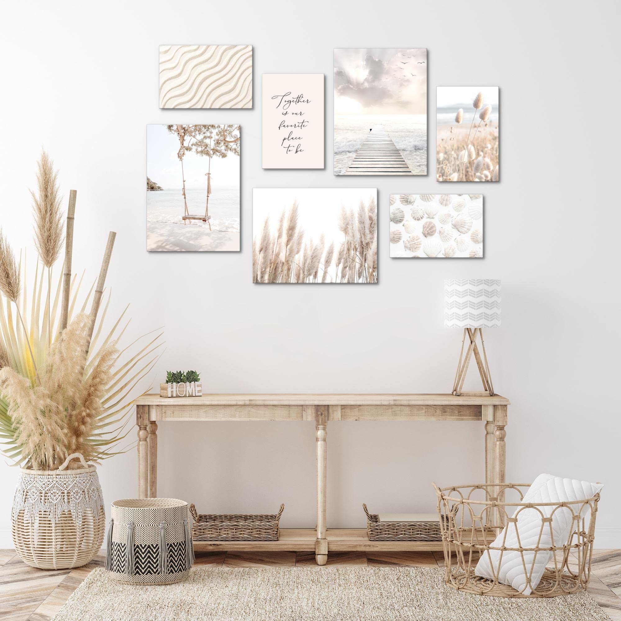 Novart Wandbilder Strand Meer Relax - KOMPLETT AUFHÄNGFERTIG - Beige Wohnzimmer Schlafzimmer - 7 Moderne Mood-Bilder - N023471a