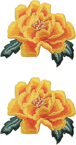 Ruwado 2 parches bordados de flores de peonía, parches de costura floral para ropa, bolsas, gorras, chaquetas, jeans, manualidades, accesorios de