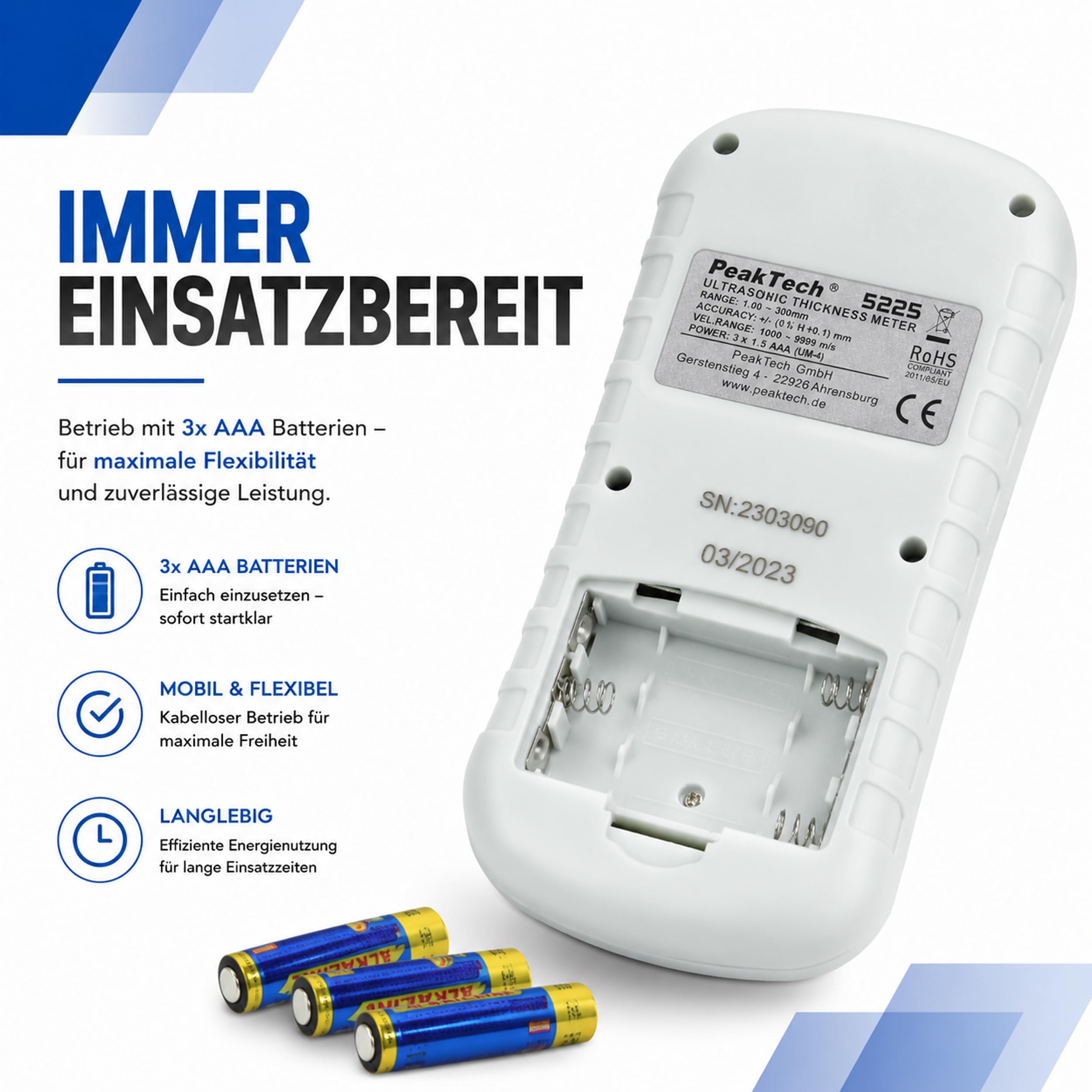 PeakTech P 5225 Spessimetro a ultrasuoni 1,00-300,0 mm Risoluzione