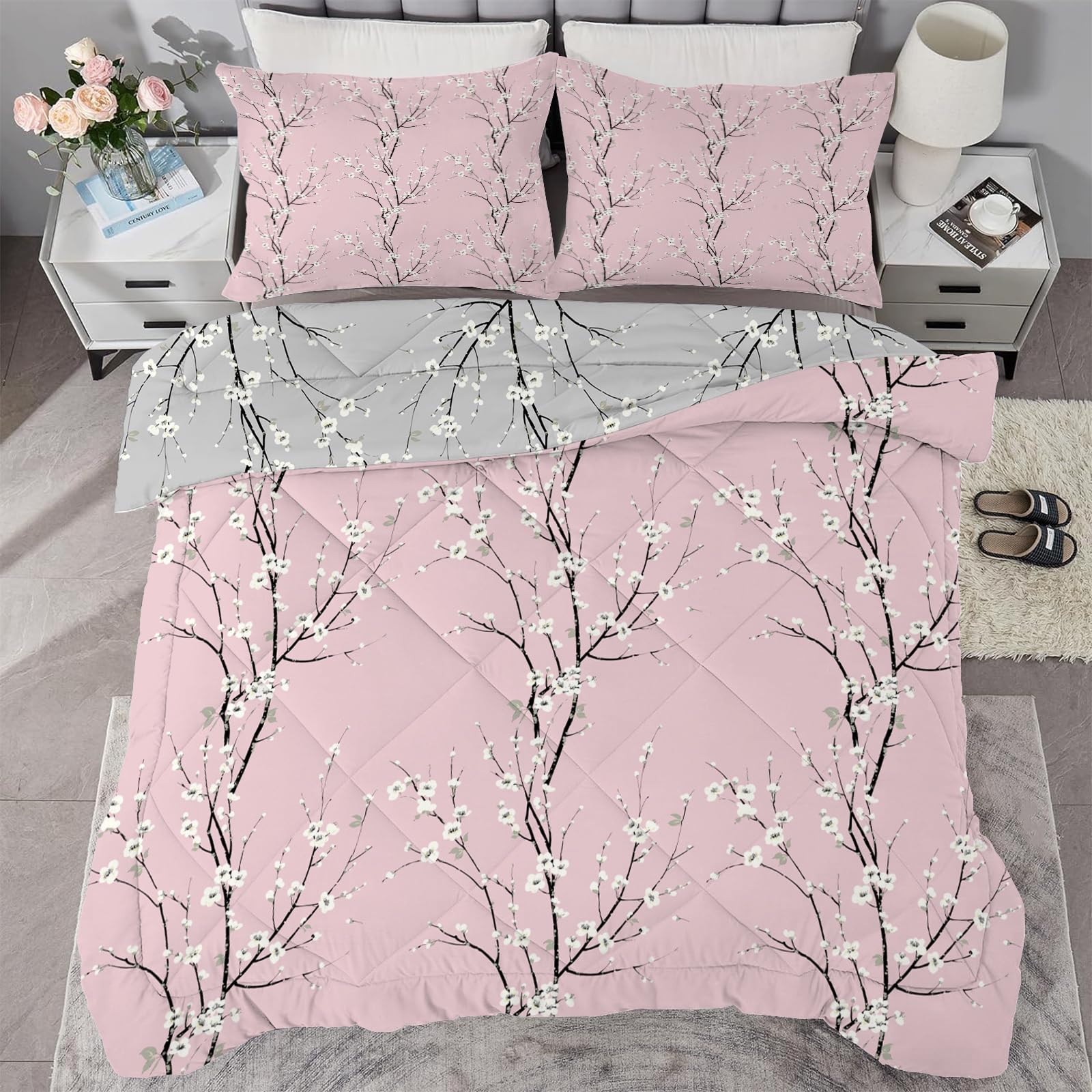 Fleur Prunier Rose Couette Imprimée 4 Saisons 220x240 cm pour Lit 2 Personnes, Branches Grises Edredon Legere, Réversible Couette sans Houss et 2 Taies d'oreiller 65x65 cm